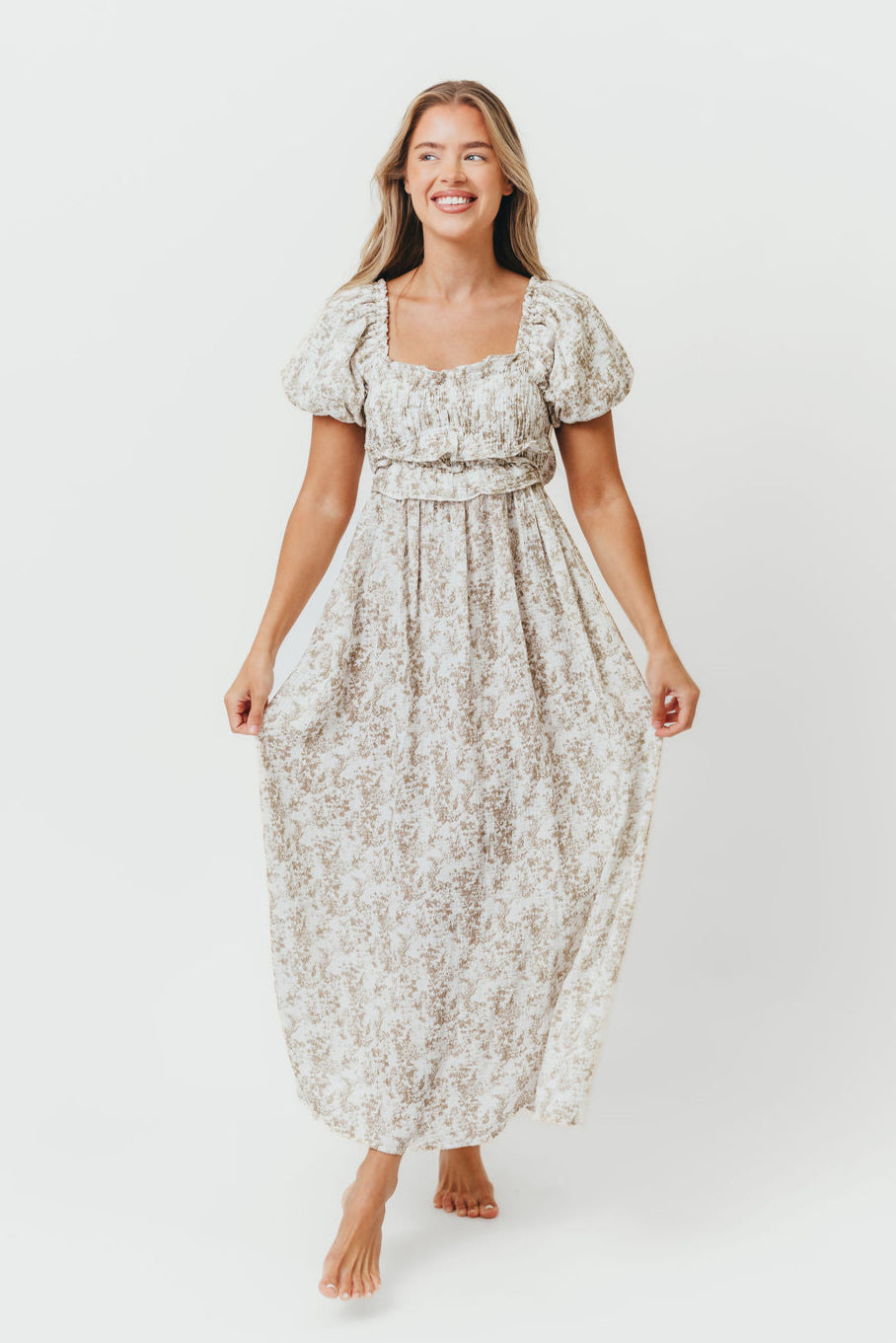 Finley 100% Cotton Peplum Midi Dress in Hampton Taupe - Bump & Nursing Friendly with Modest Back