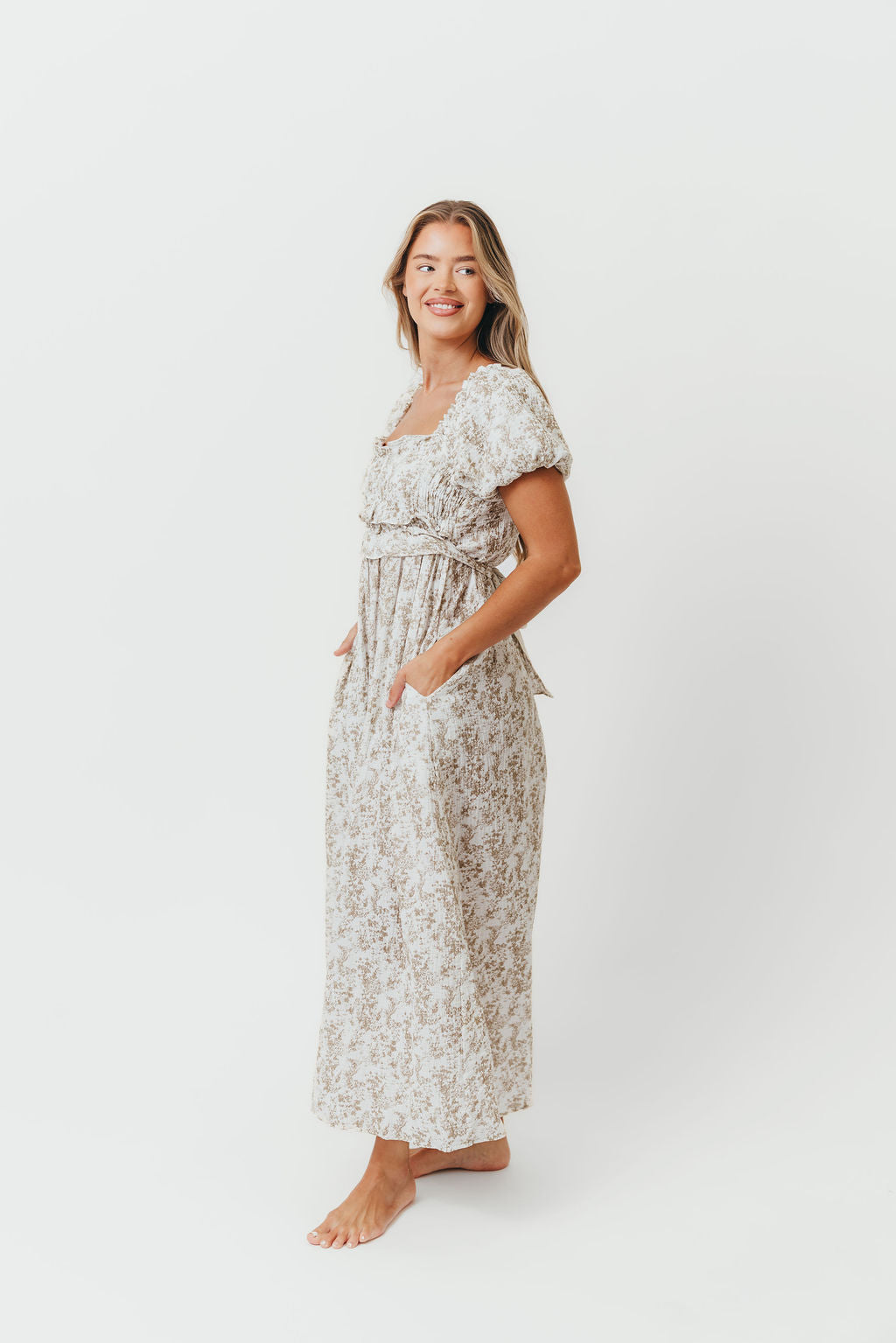 Finley 100% Cotton Peplum Midi Dress in Hampton Taupe - Bump & Nursing Friendly with Modest Back