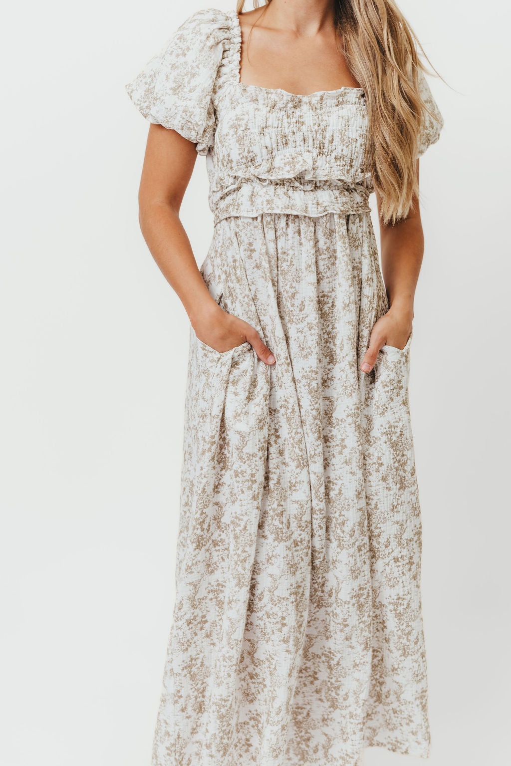Finley 100% Cotton Peplum Midi Dress in Hampton Taupe - Bump & Nursing Friendly with Modest Back