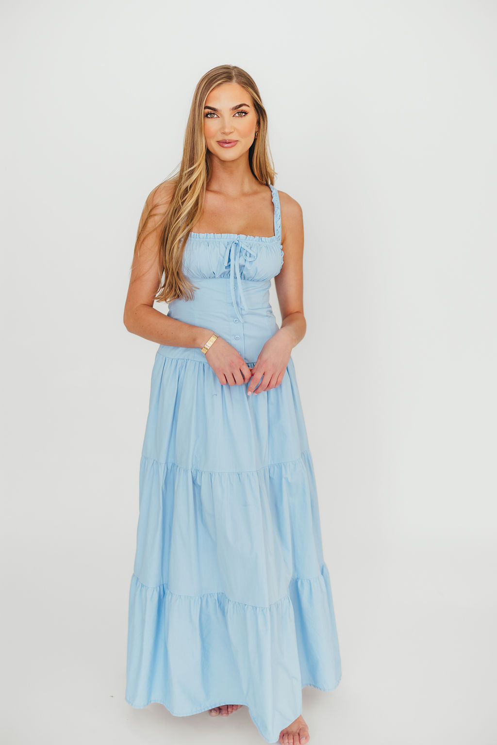Sutton Corset Button Down Tiered Maxi Dress in Light Blue