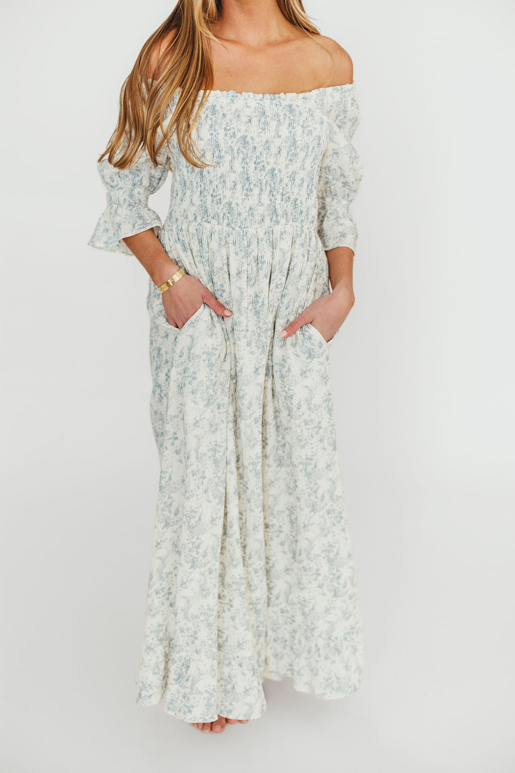 Sienna 100% Cotton Puff Sleeve Maxi Dress in Blue Floral - Bump Friendly