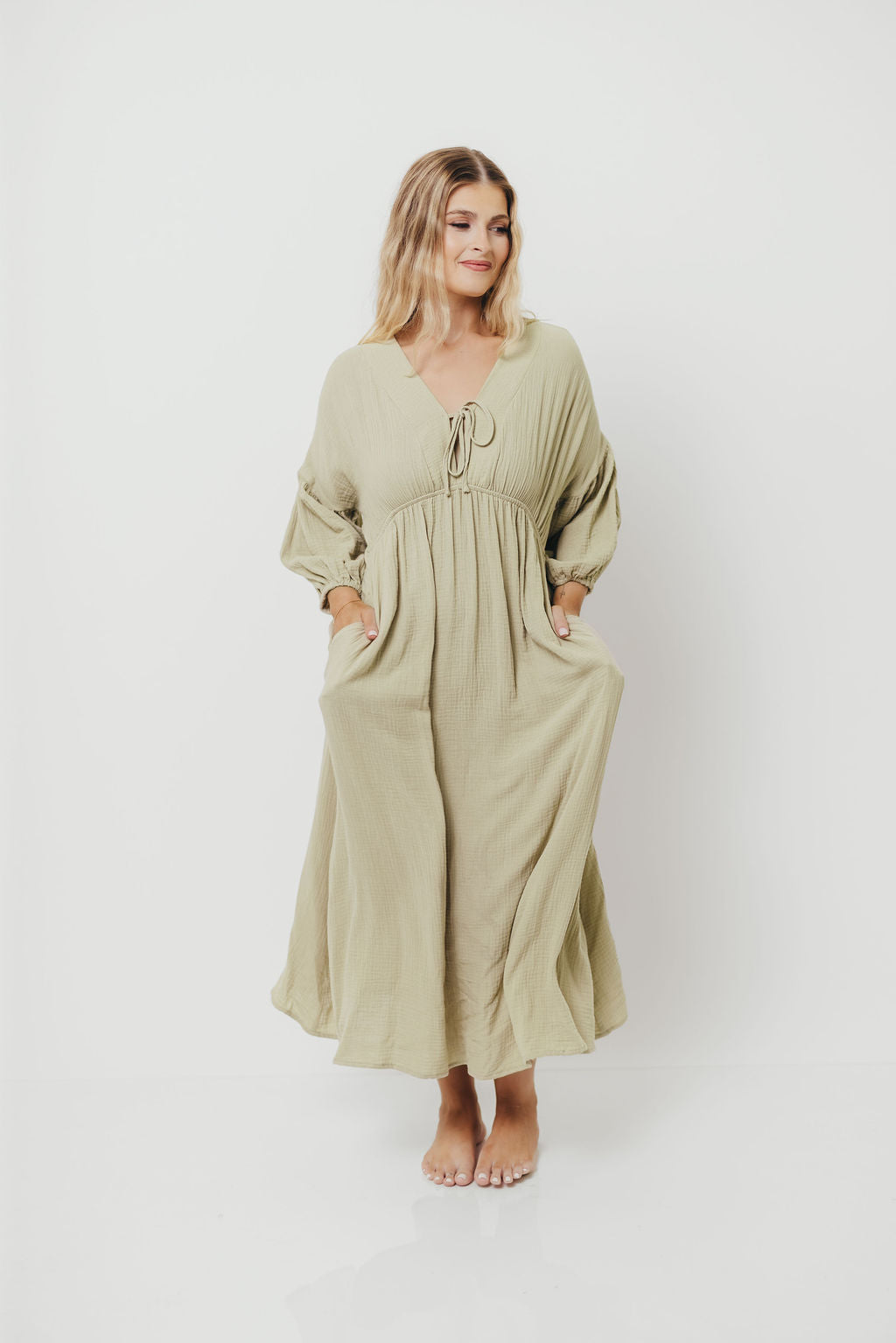 Hunter 100% Cotton Gauze Midi Dress in Thyme - Bump Friendly and Inclusive Sizing *9/22 PRE-ORDER*
