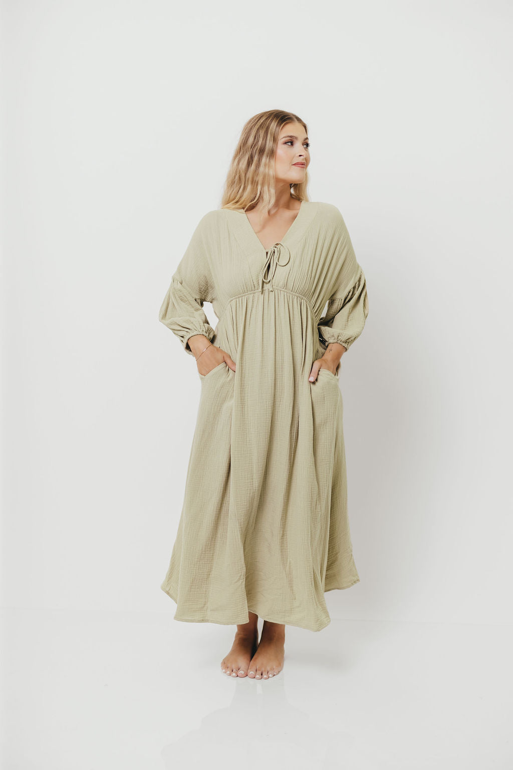 Hunter 100% Cotton Gauze Midi Dress in Thyme - Bump Friendly and Inclusive Sizing *9/22 PRE-ORDER*