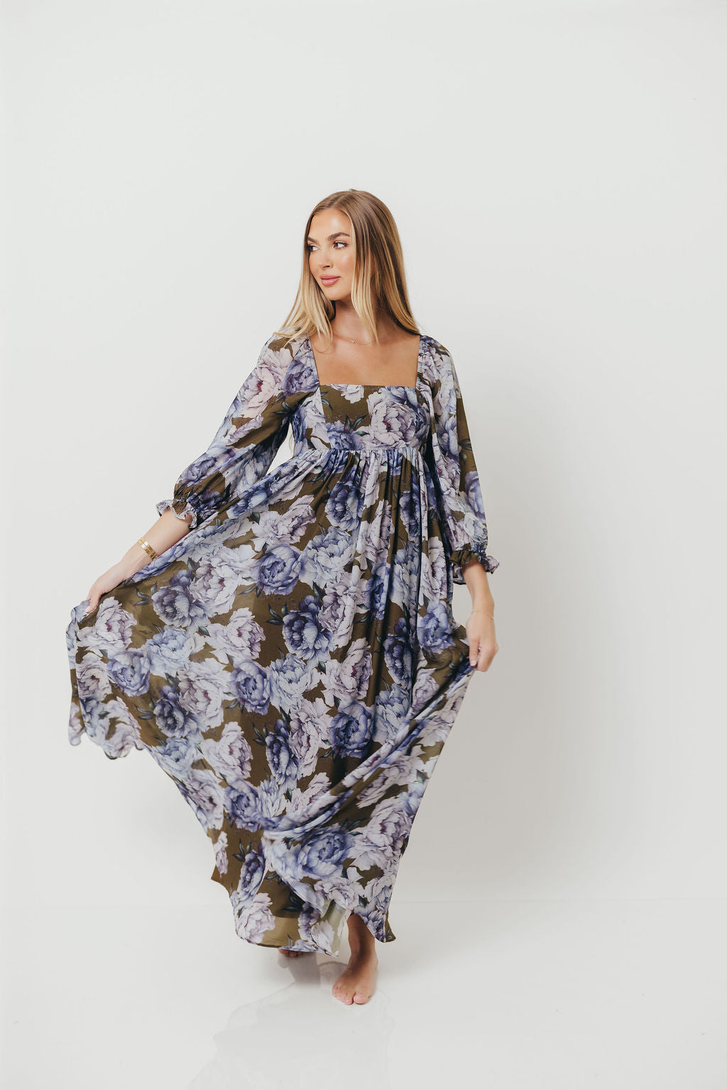 Mona Maxi Dress in Olive/Blue Floral - Bump Friendly *9/30 PRE-ORDER*