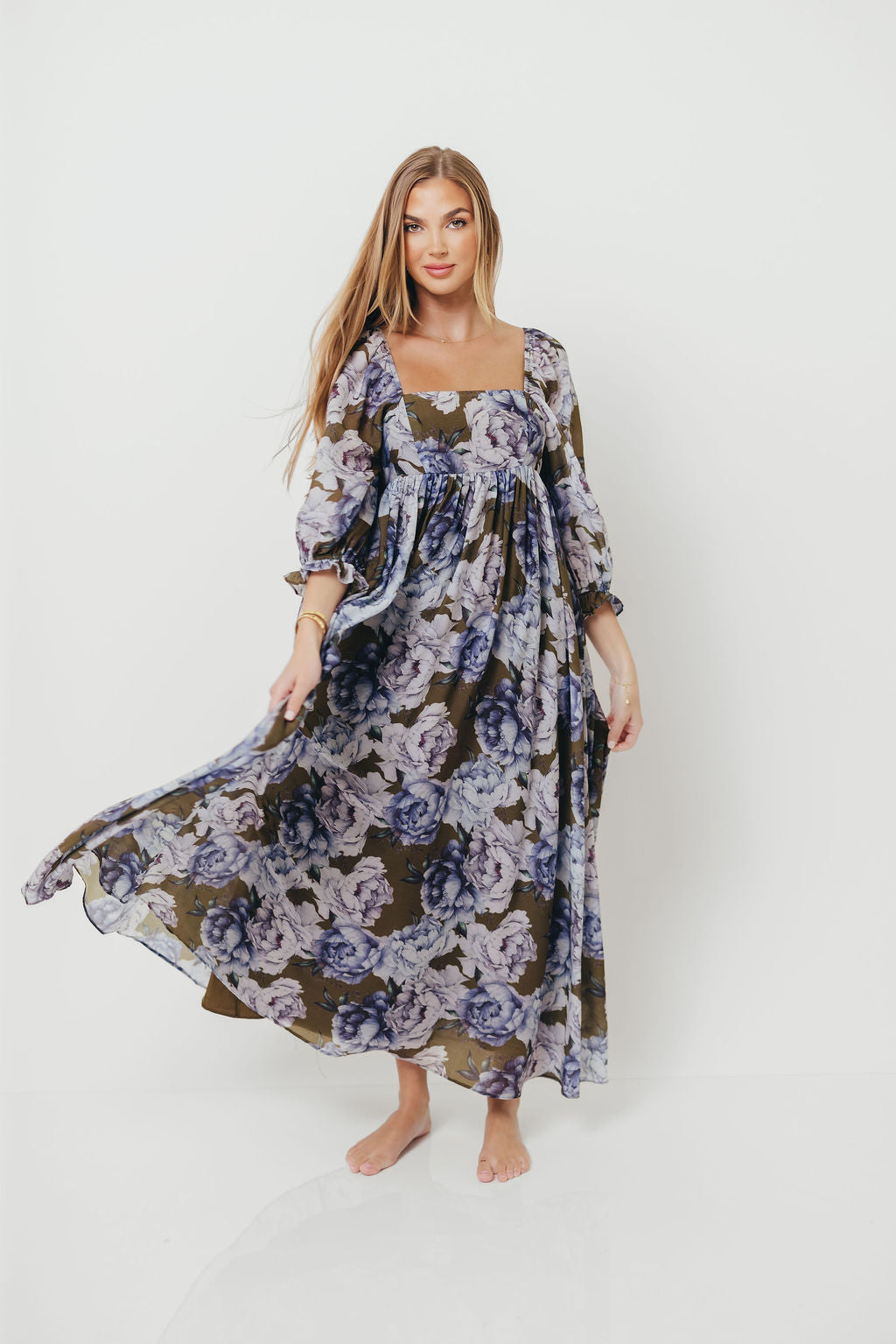 Mona Maxi Dress in Olive/Blue Floral - Bump Friendly *9/30 PRE-ORDER*