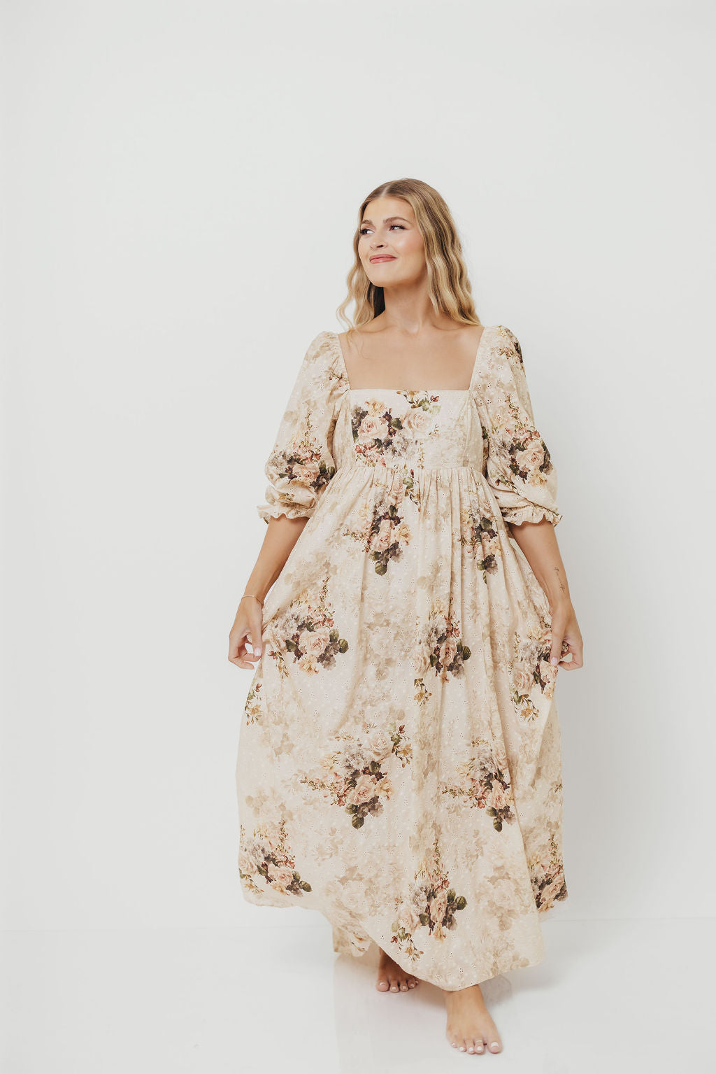 Mona Maxi Dress with Smocking in Cream/Beige Floral - Bump Friendly *9/30 PRE-ORDER*