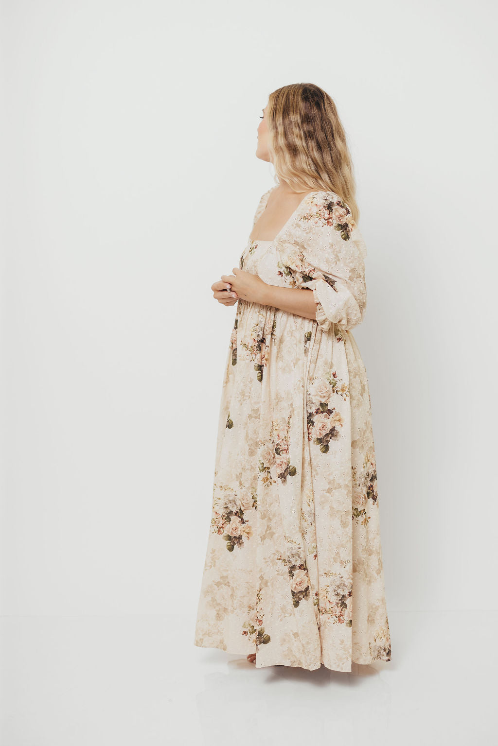Mona Maxi Dress with Smocking in Cream/Beige Floral - Bump Friendly *9/30 PRE-ORDER*