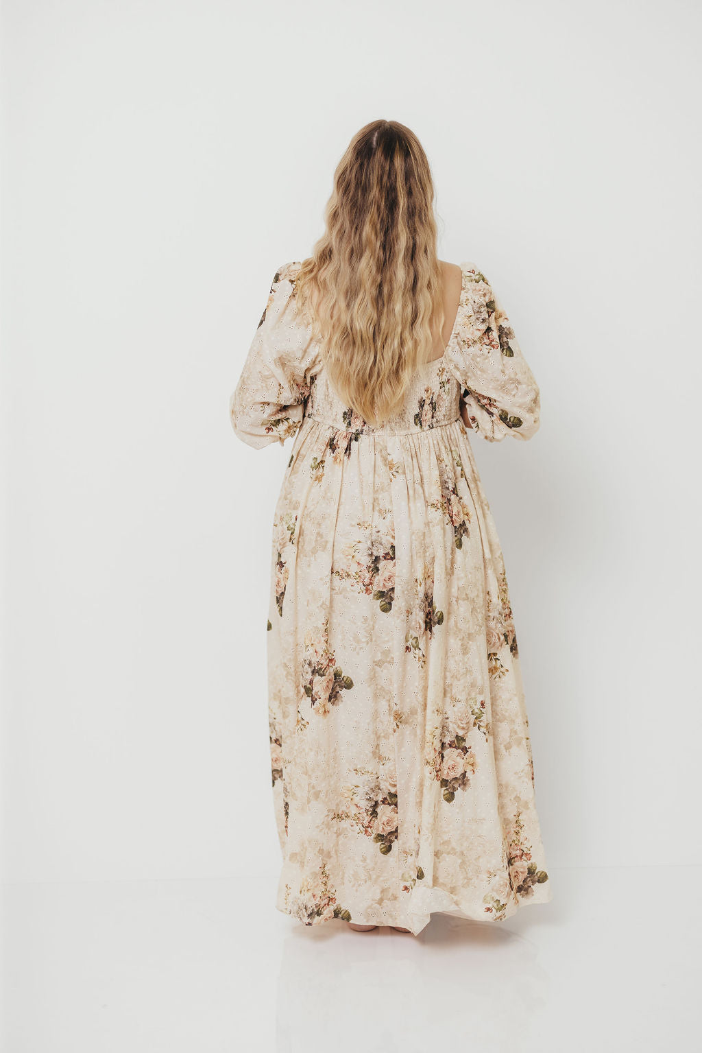Mona Maxi Dress with Smocking in Cream/Beige Floral - Bump Friendly *9/30 PRE-ORDER*