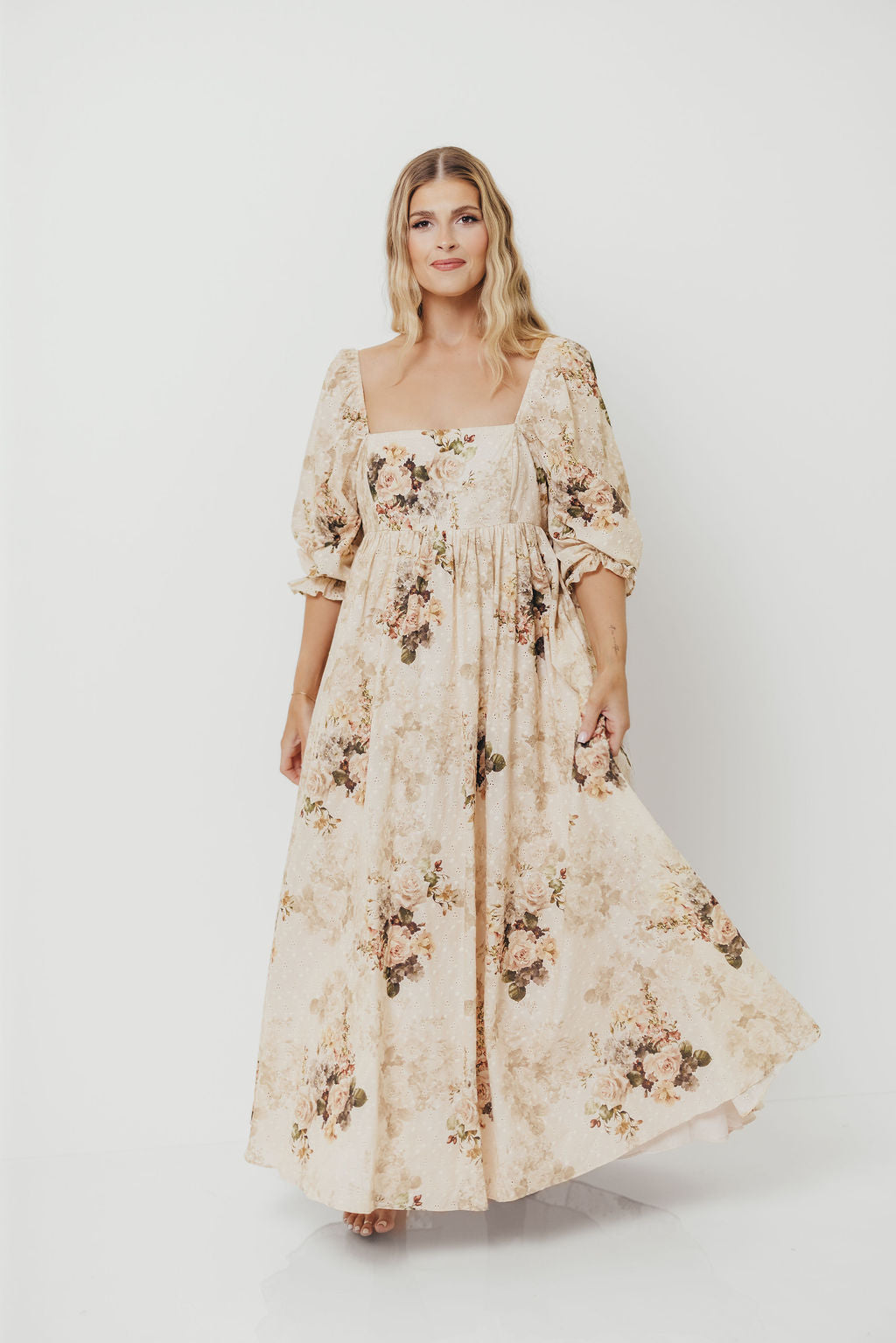 Mona Maxi Dress with Smocking in Cream/Beige Floral - Bump Friendly *9/30 PRE-ORDER*