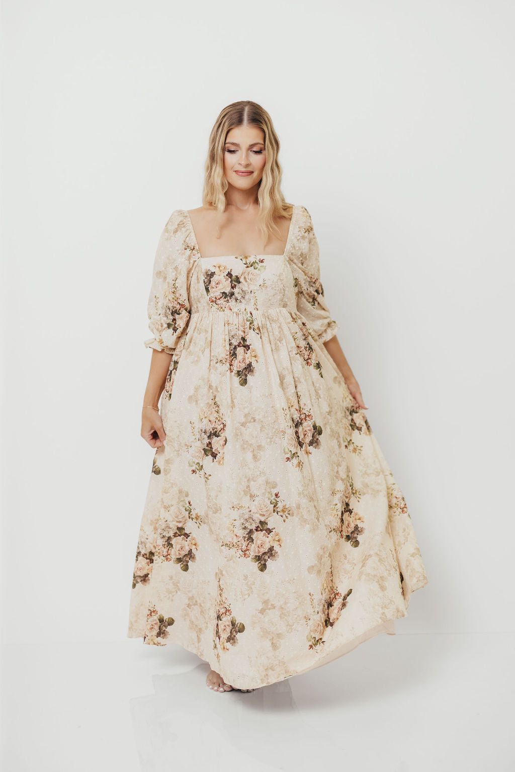 Mona Maxi Dress with Smocking in Cream/Beige Floral - Bump Friendly *9/30 PRE-ORDER*