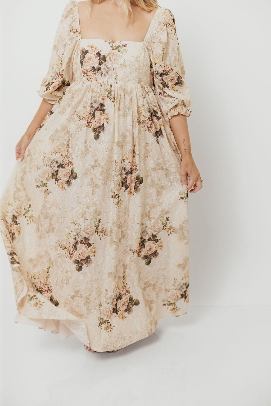 Mona Maxi Dress with Smocking in Cream/Beige Floral - Bump Friendly *9/30 PRE-ORDER*