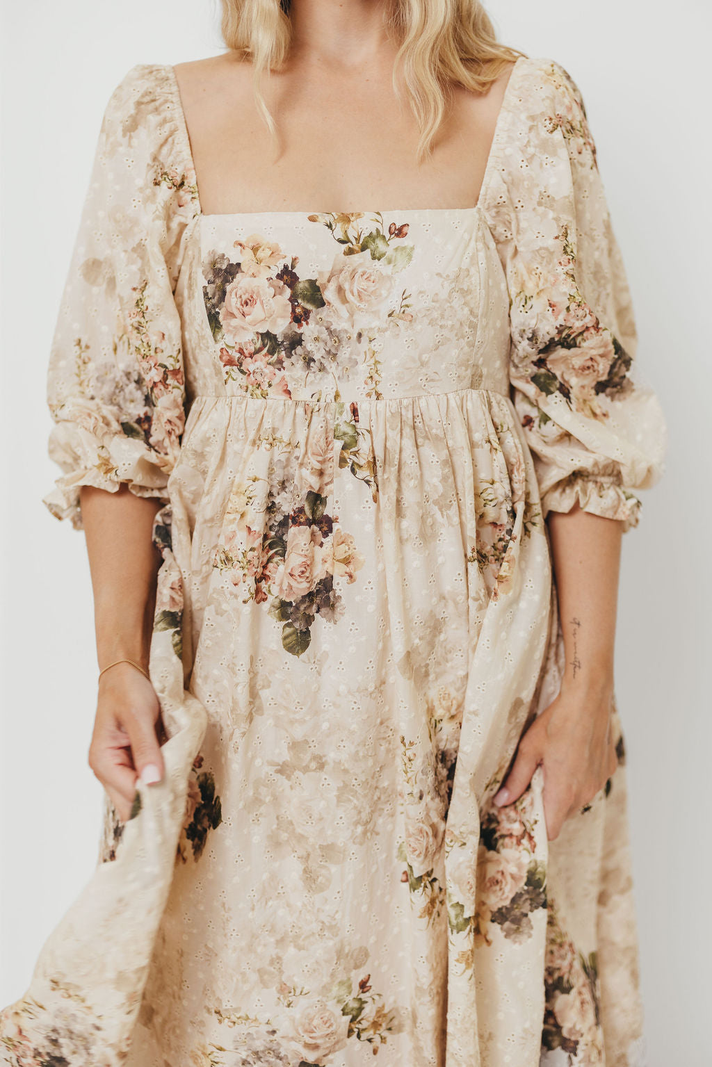 Mona Maxi Dress with Smocking in Cream/Beige Floral - Bump Friendly *9/30 PRE-ORDER*