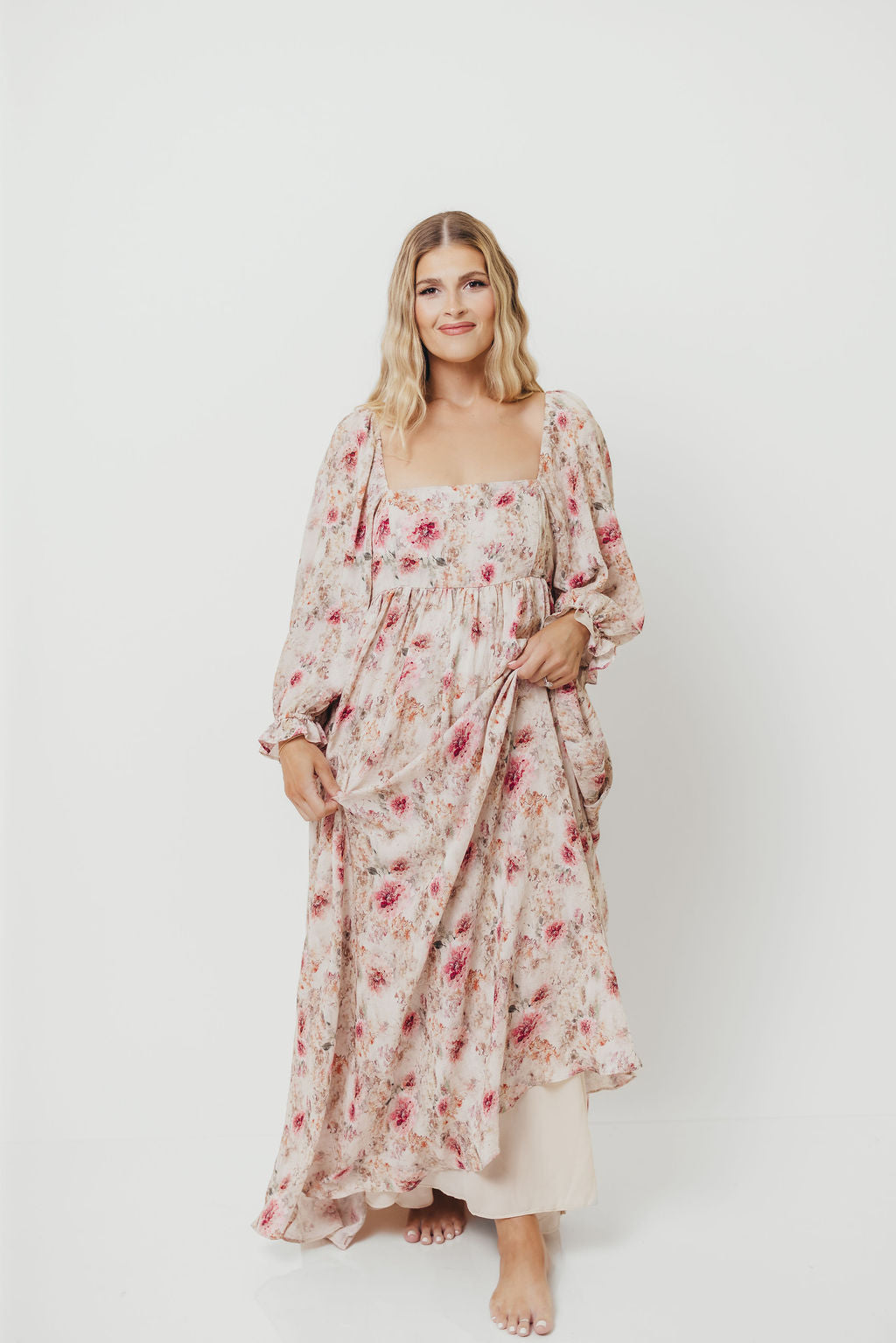 Mona Maxi Dress with Smocking in Pink/Beige Multi Floral - Bump Friendly *9/30 PRE-ORDER*