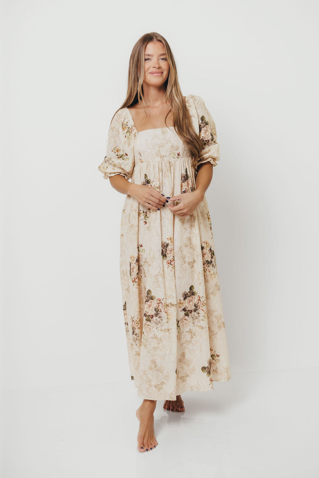 Mona Maxi Dress with Smocking in Cream/Beige Floral - Bump Friendly *9/30 PRE-ORDER*