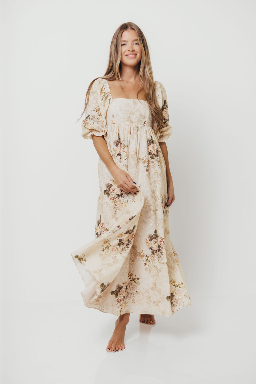 Mona Maxi Dress with Smocking in Cream/Beige Floral - Bump Friendly *9/30 PRE-ORDER*