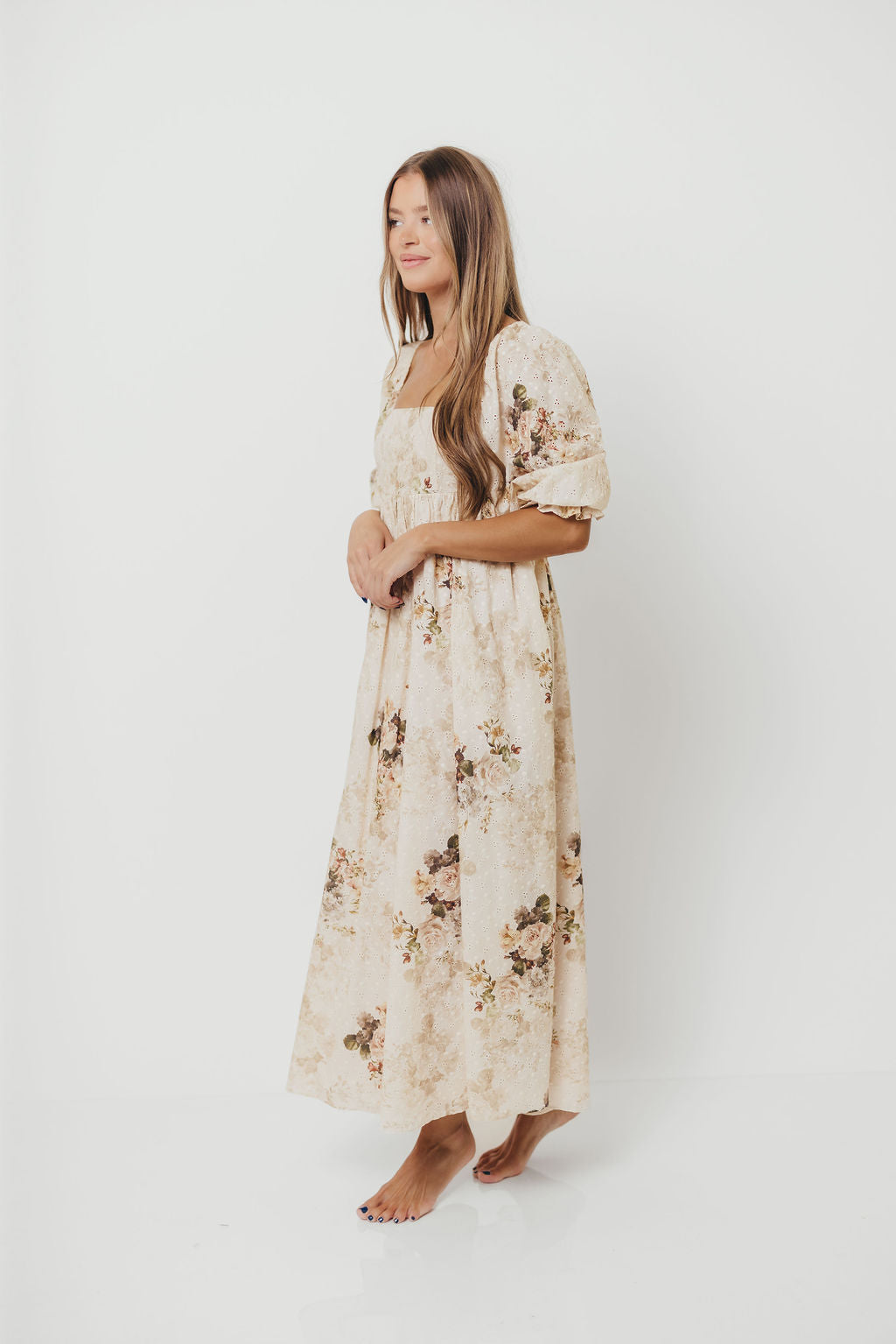 Mona Maxi Dress with Smocking in Cream/Beige Floral - Bump Friendly *9/30 PRE-ORDER*