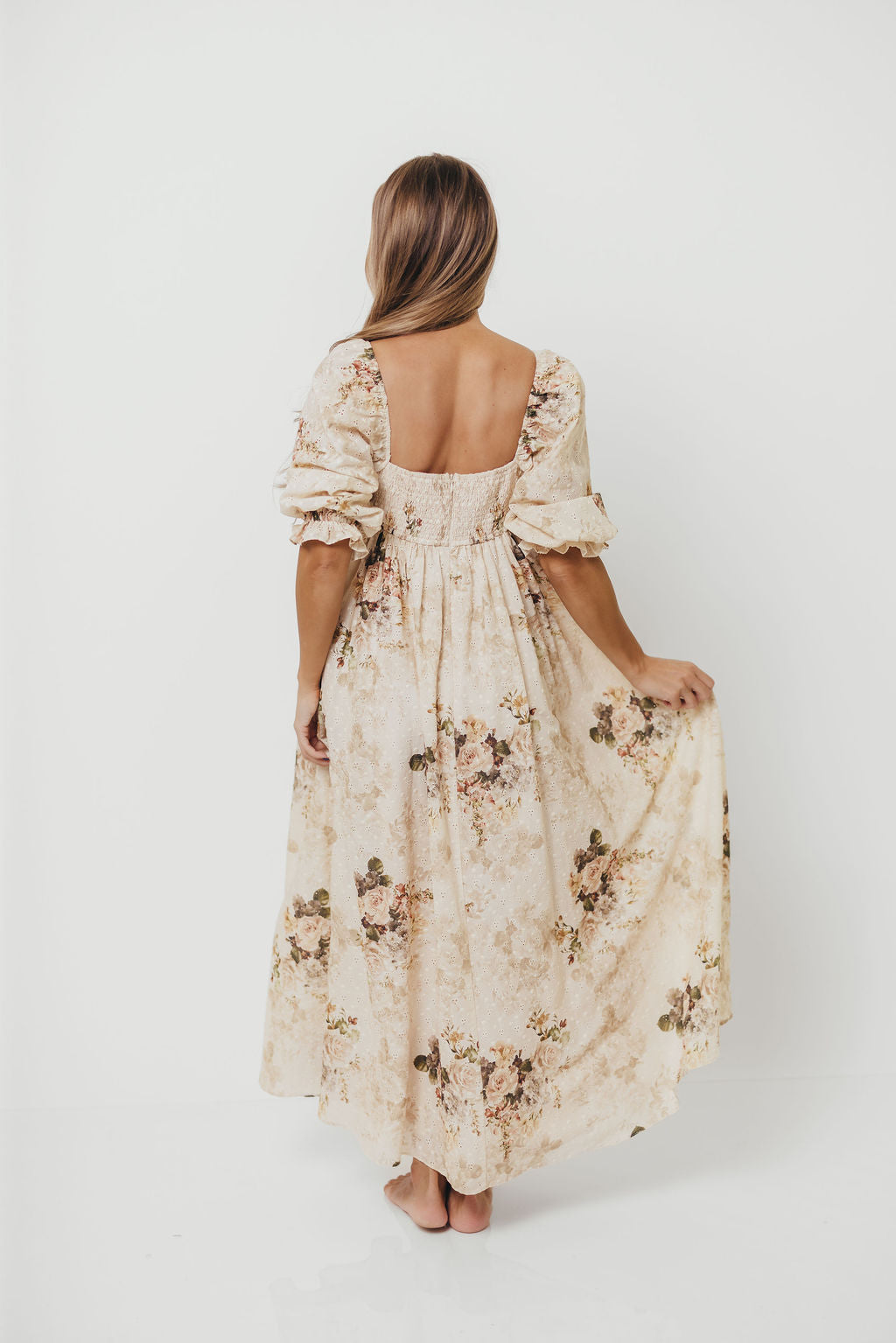 Mona Maxi Dress with Smocking in Cream/Beige Floral - Bump Friendly *9/30 PRE-ORDER*