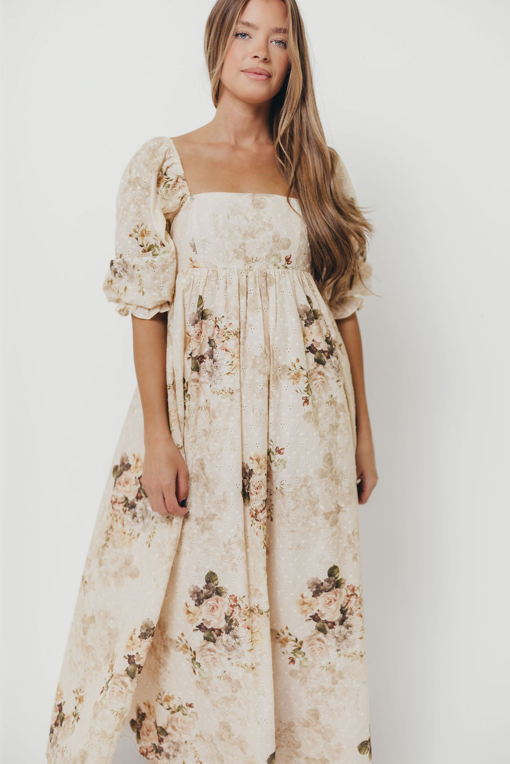 Mona Maxi Dress with Smocking in Cream/Beige Floral - Bump Friendly *9/30 PRE-ORDER*