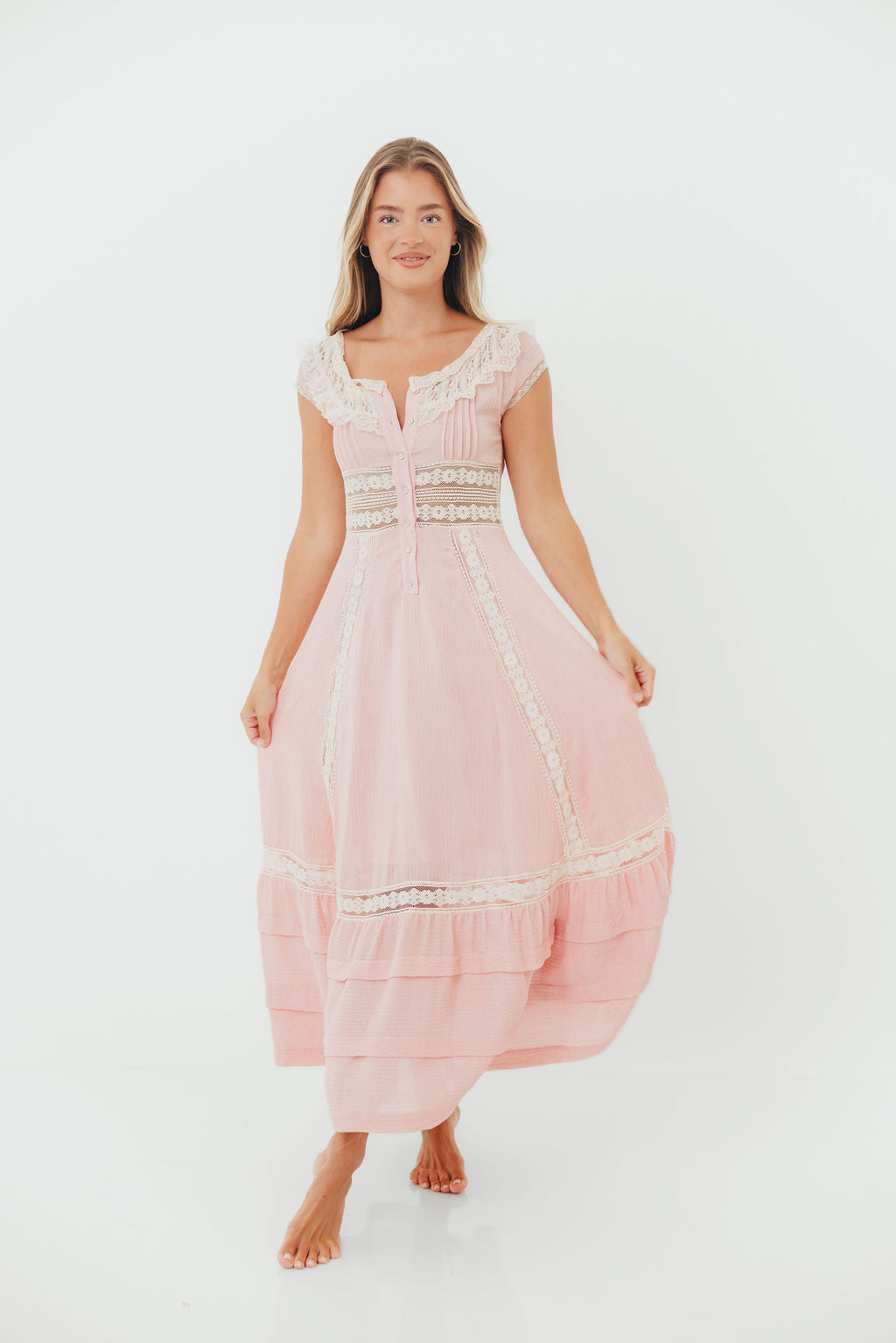 Debby Vintage Inspired Lace Trim Maxi Dress in Pink