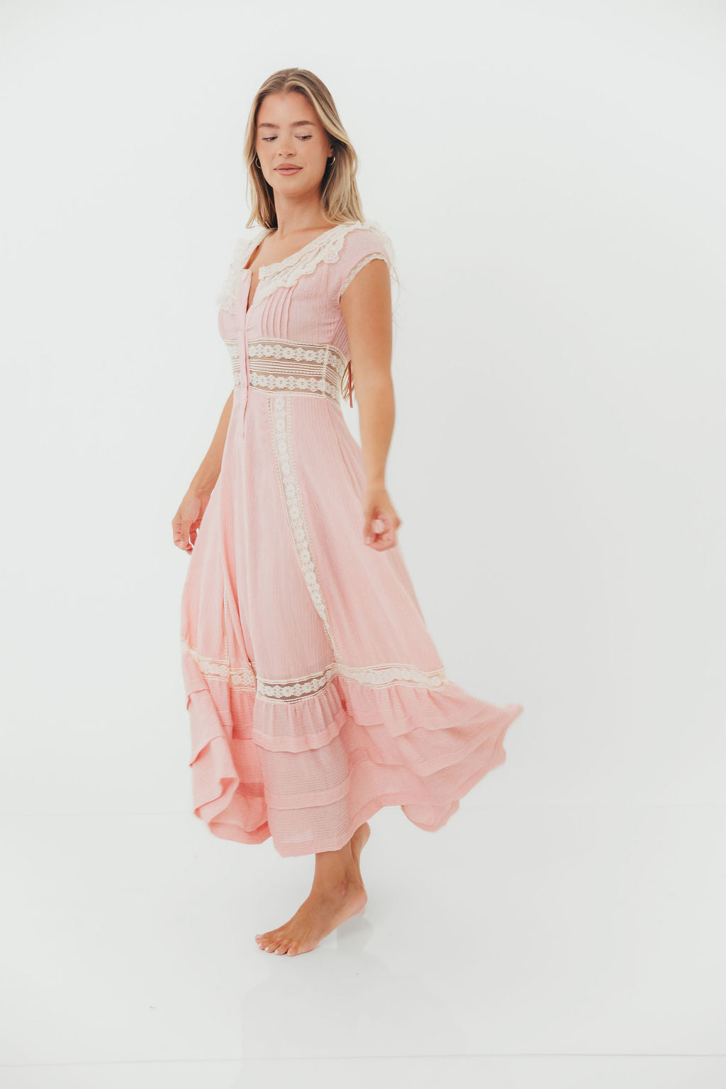 Debby Vintage Inspired Lace Trim Maxi Dress in Pink