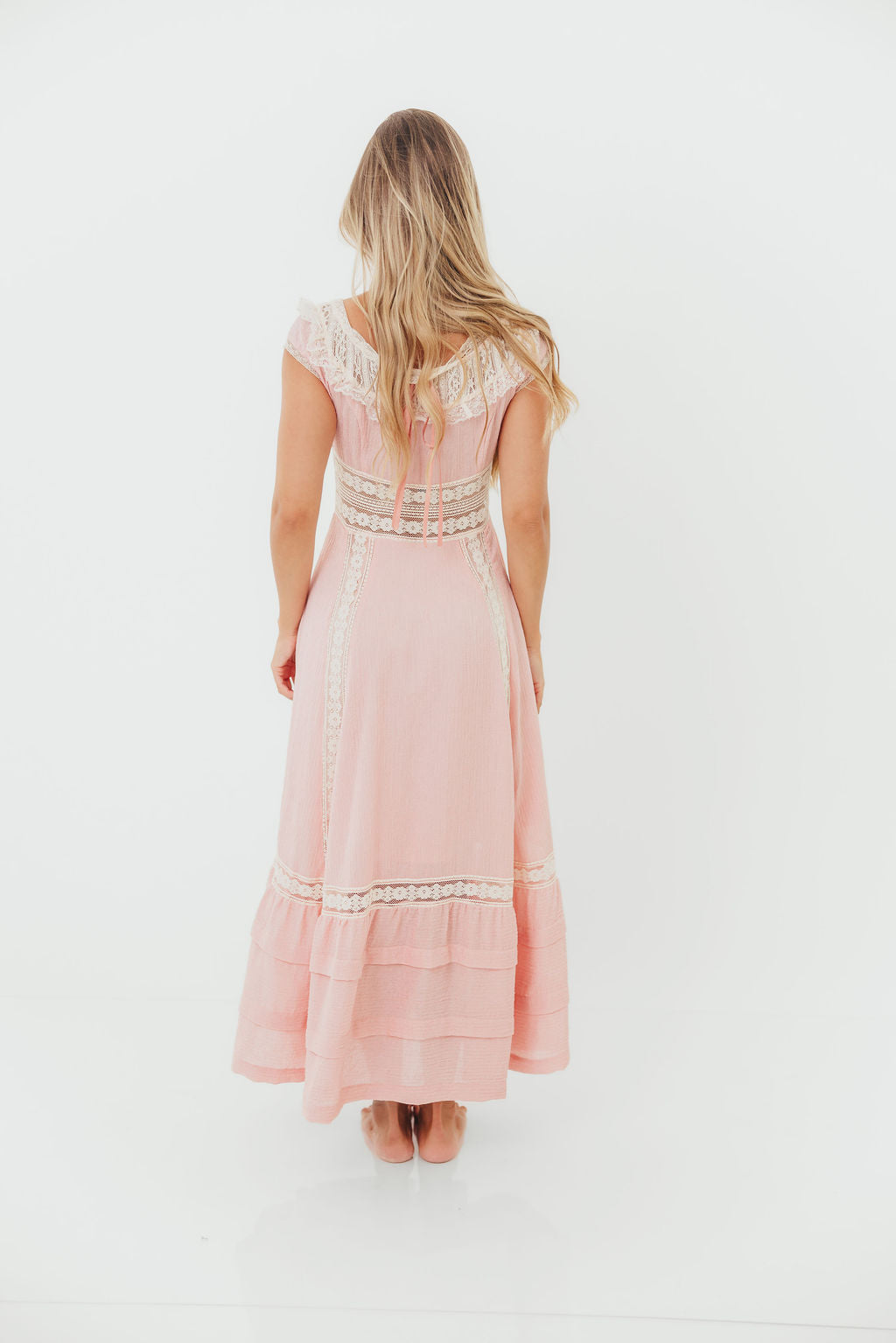 Debby Vintage Inspired Lace Trim Maxi Dress in Pink