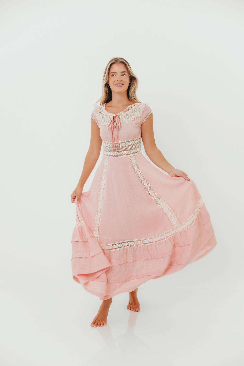 Debby Vintage Inspired Lace Trim Maxi Dress in Pink
