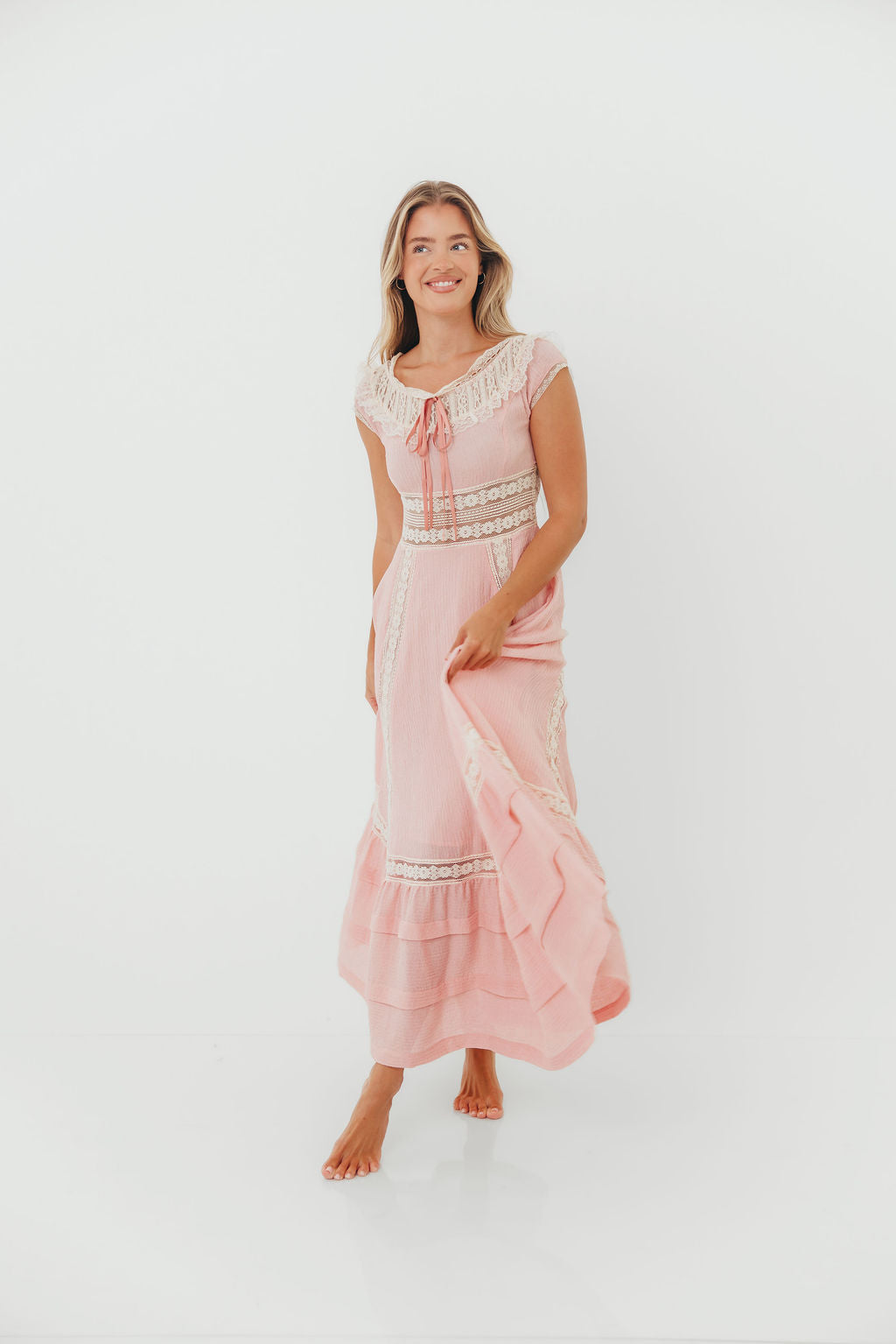 Debby Vintage Inspired Lace Trim Maxi Dress in Pink