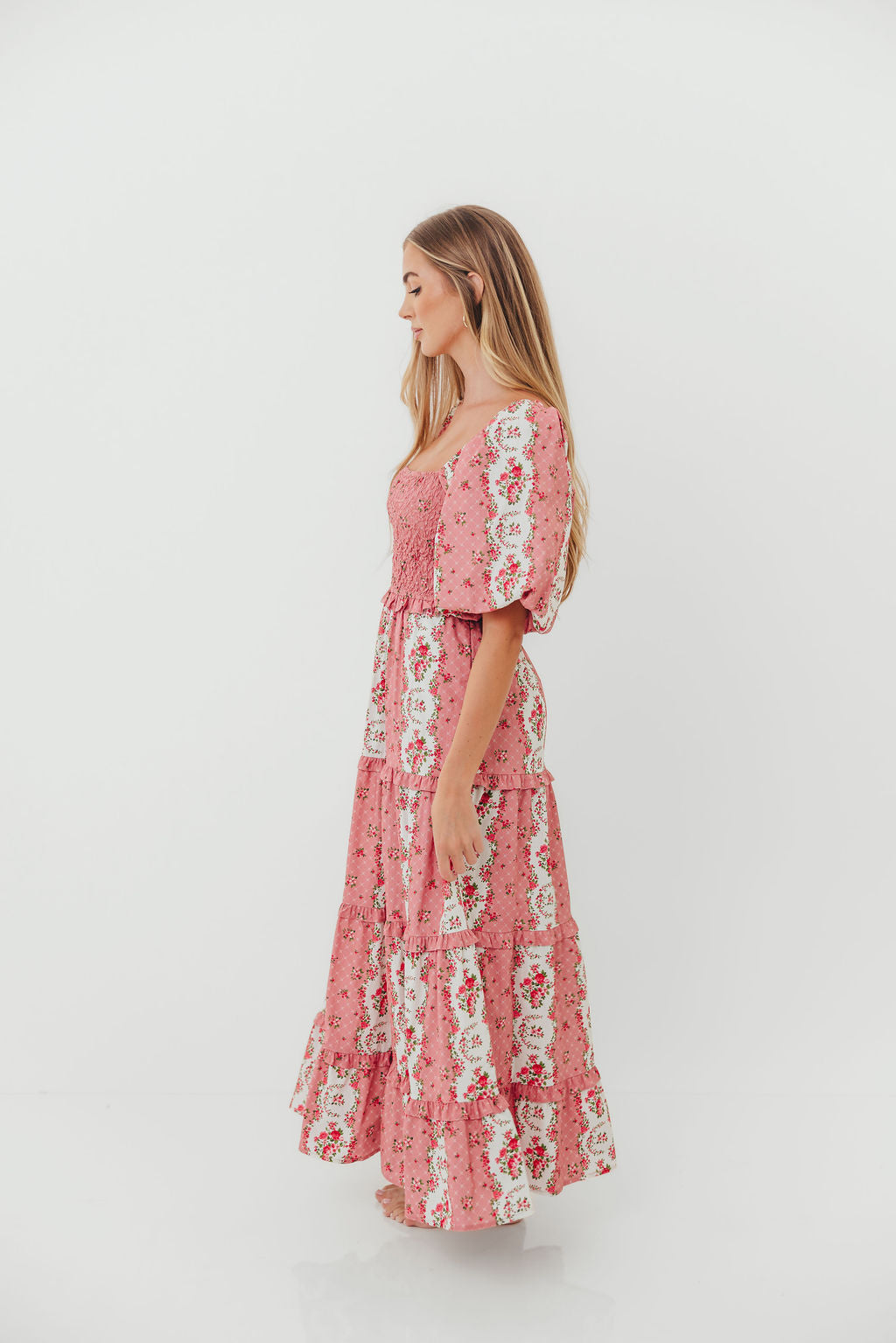 CariDee Floral Print Ruffle Detail Maxi Dress in Mauve