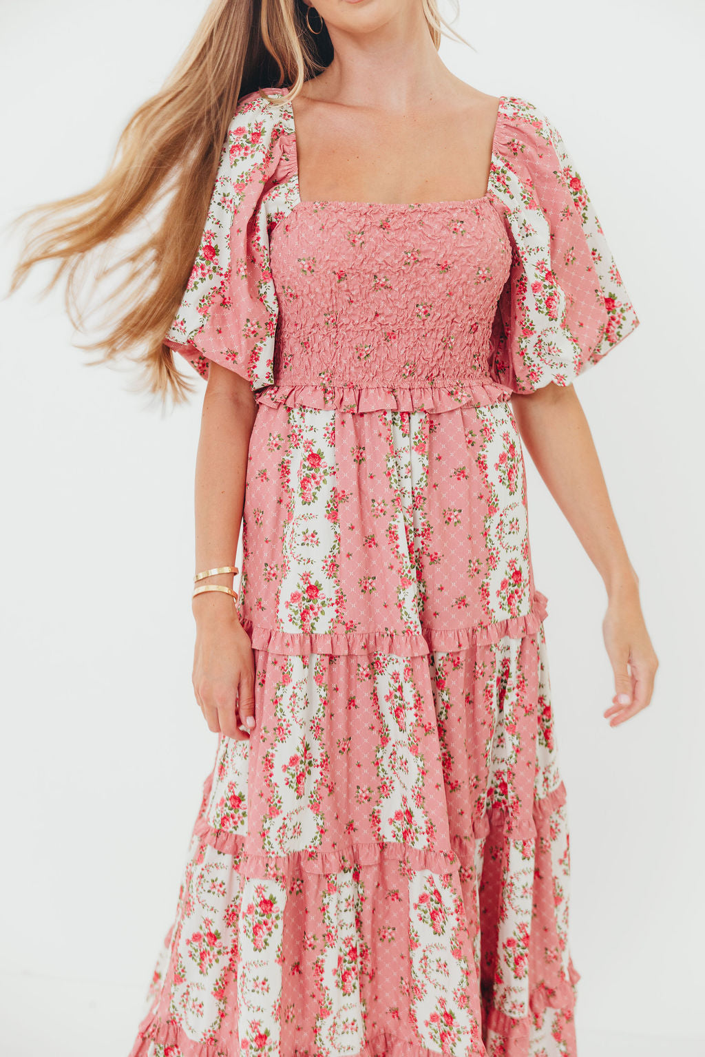 CariDee Floral Print Ruffle Detail Maxi Dress in Mauve