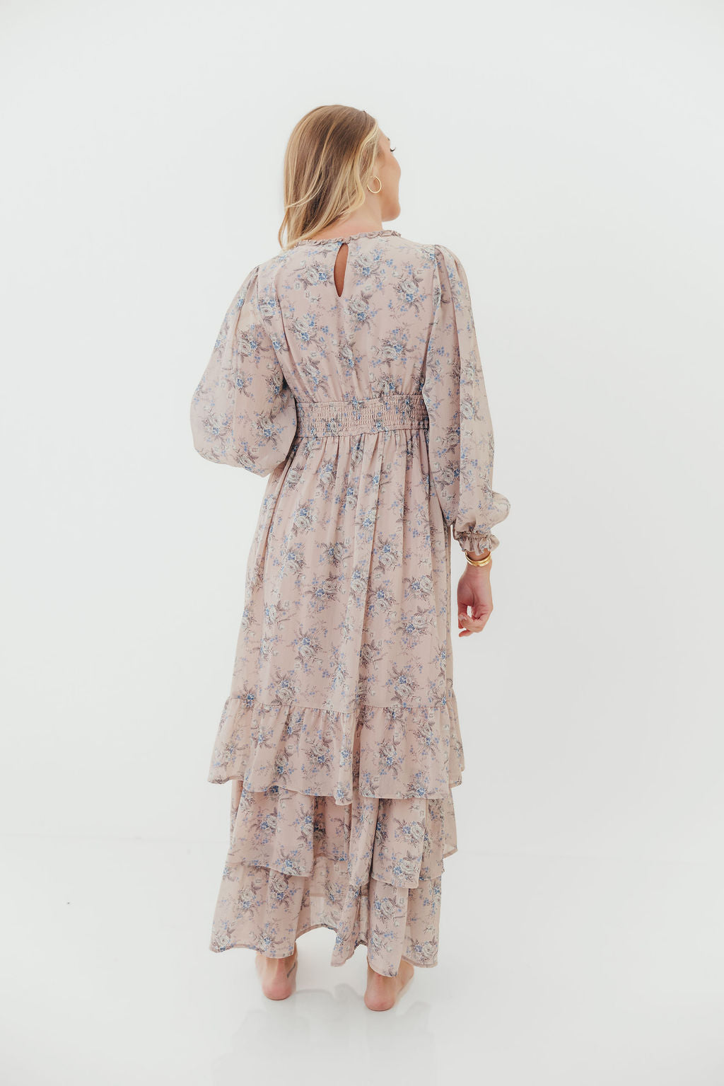 Shenae Ruffled Tiered Floral Maxi Dress in Dusty Pink