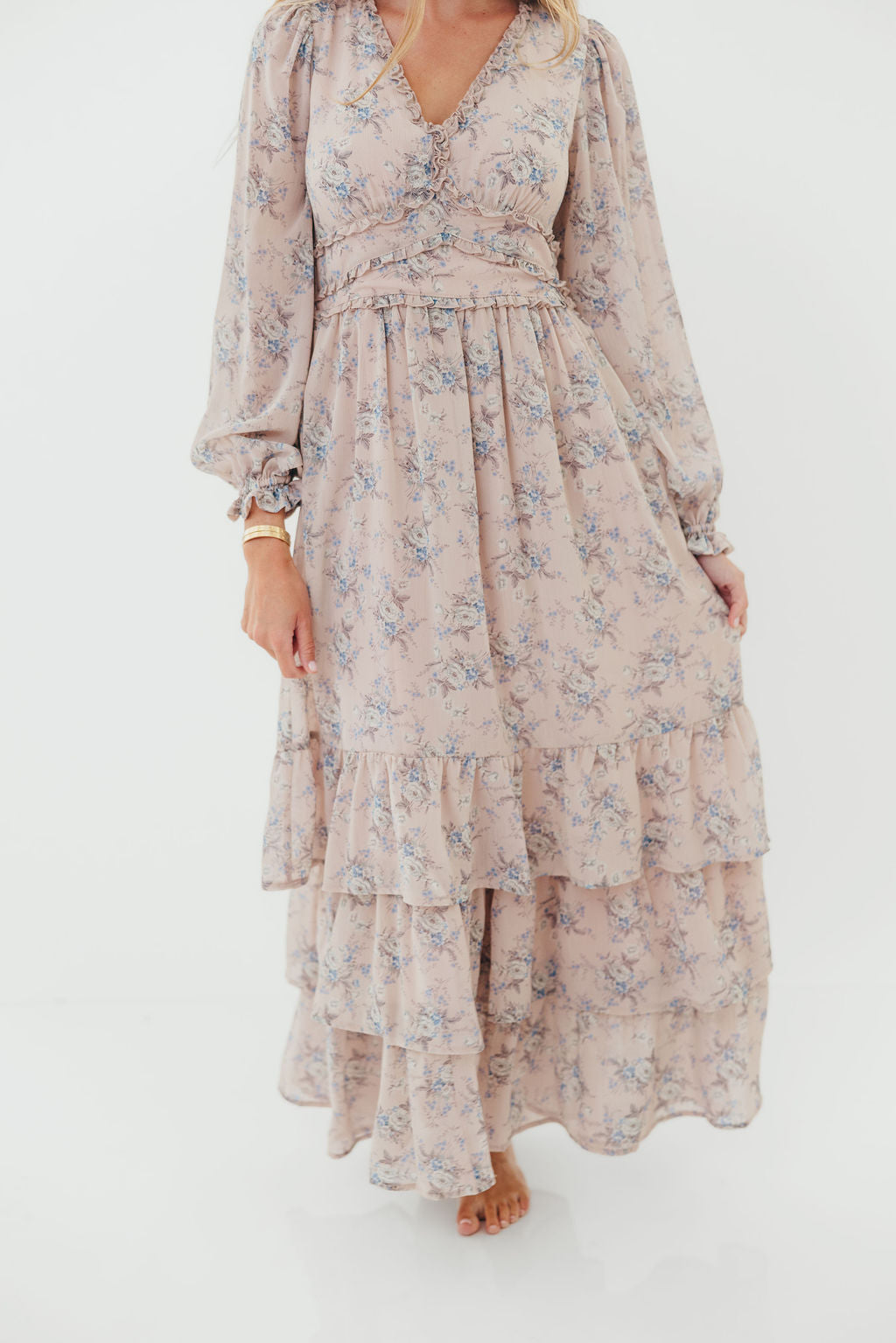 Shenae Ruffled Tiered Floral Maxi Dress in Dusty Pink