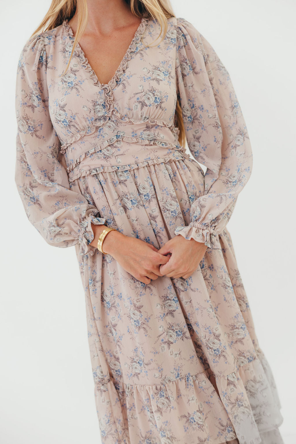 Shenae Ruffled Tiered Floral Maxi Dress in Dusty Pink