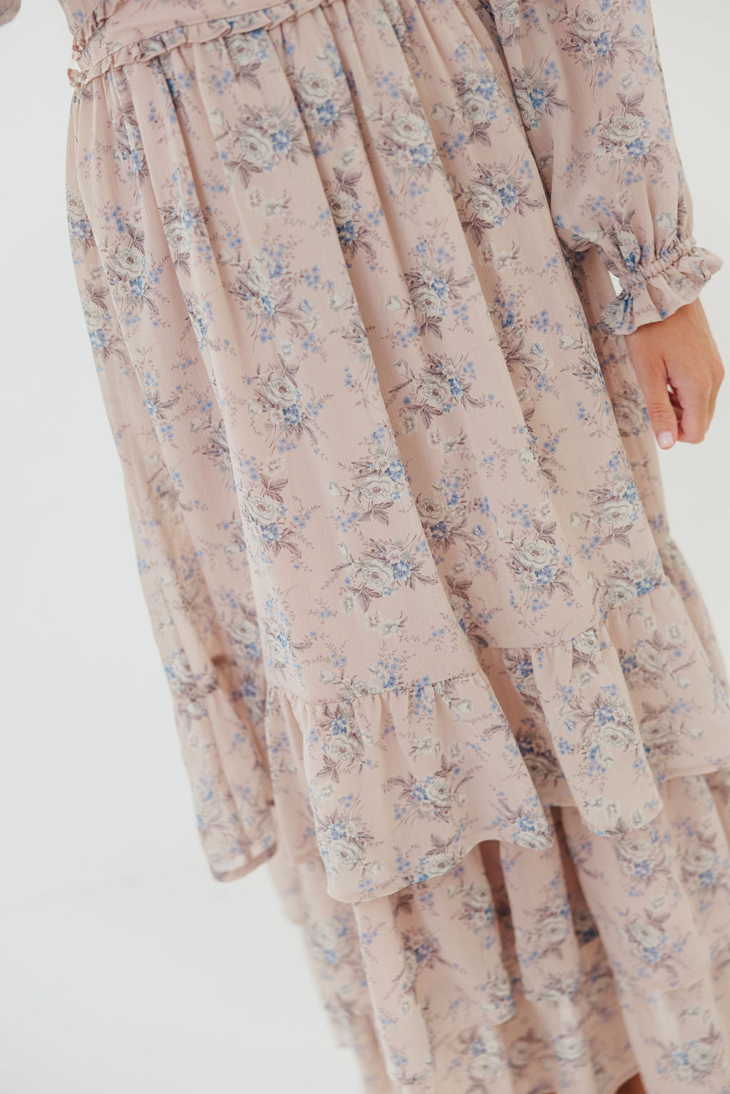 Shenae Ruffled Tiered Floral Maxi Dress in Dusty Pink
