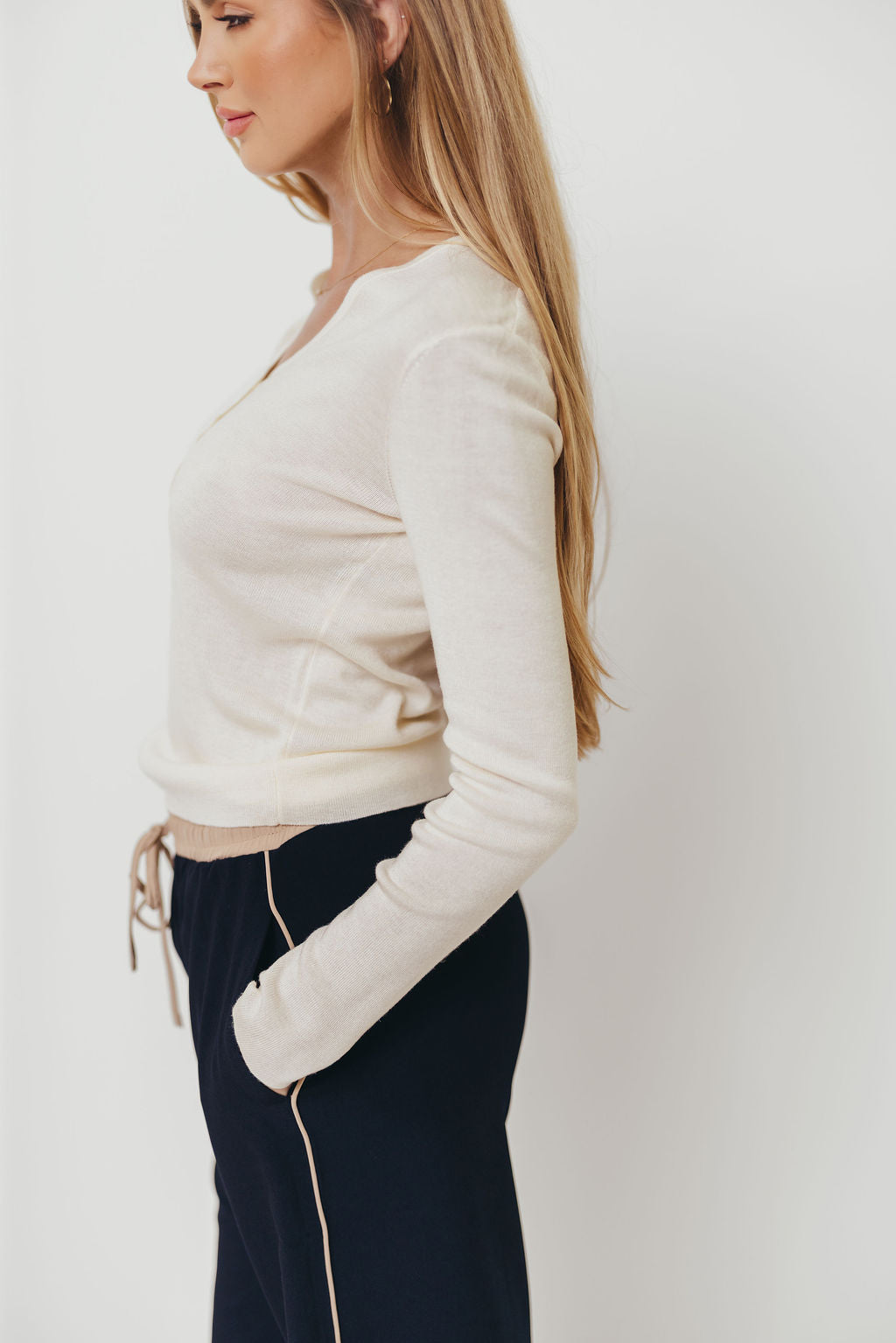 Whittier V-Neck Button Closure Knit Top in Ivory