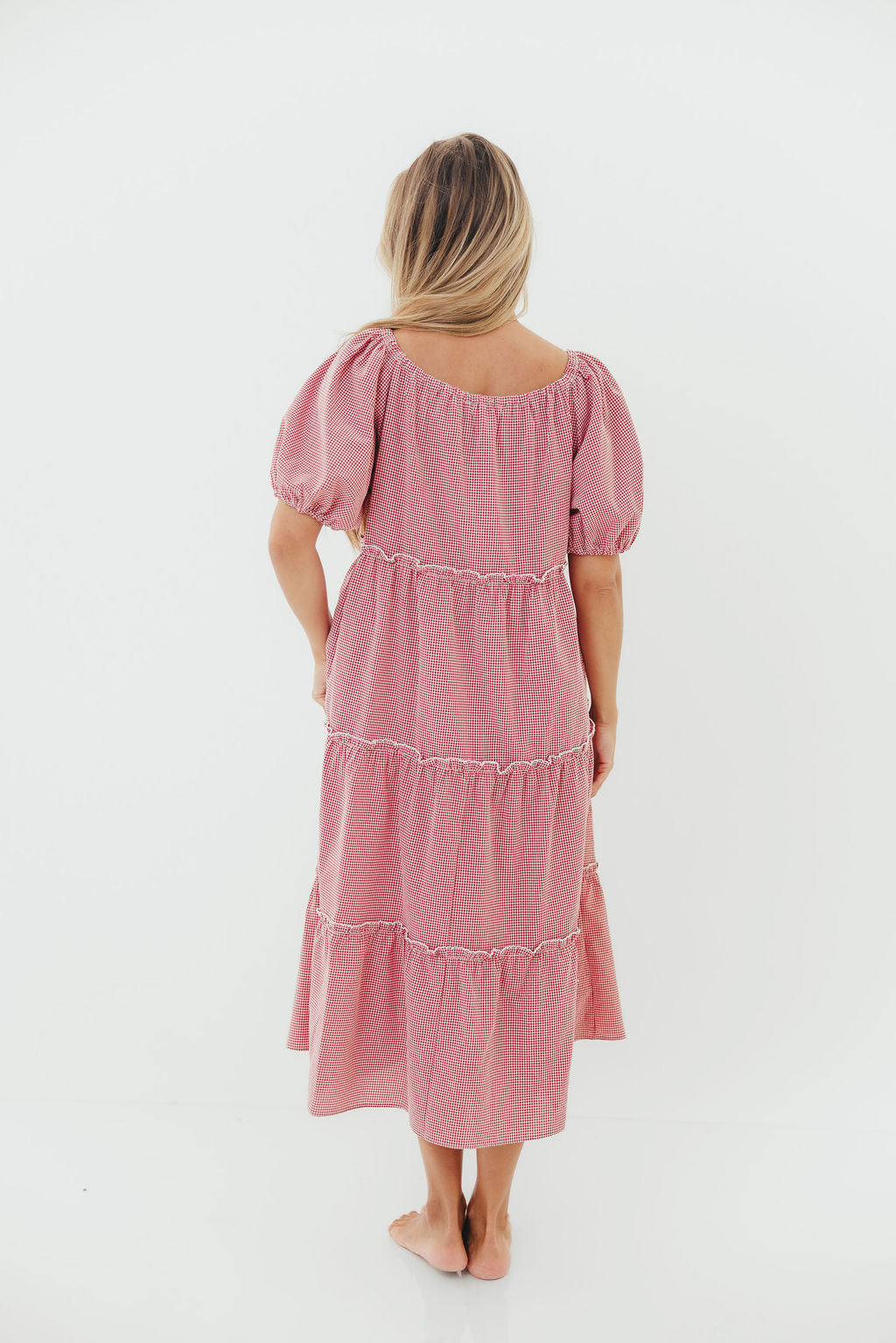 Nina 100% Cotton Gingham Tiered Midi Dress in Red/White
