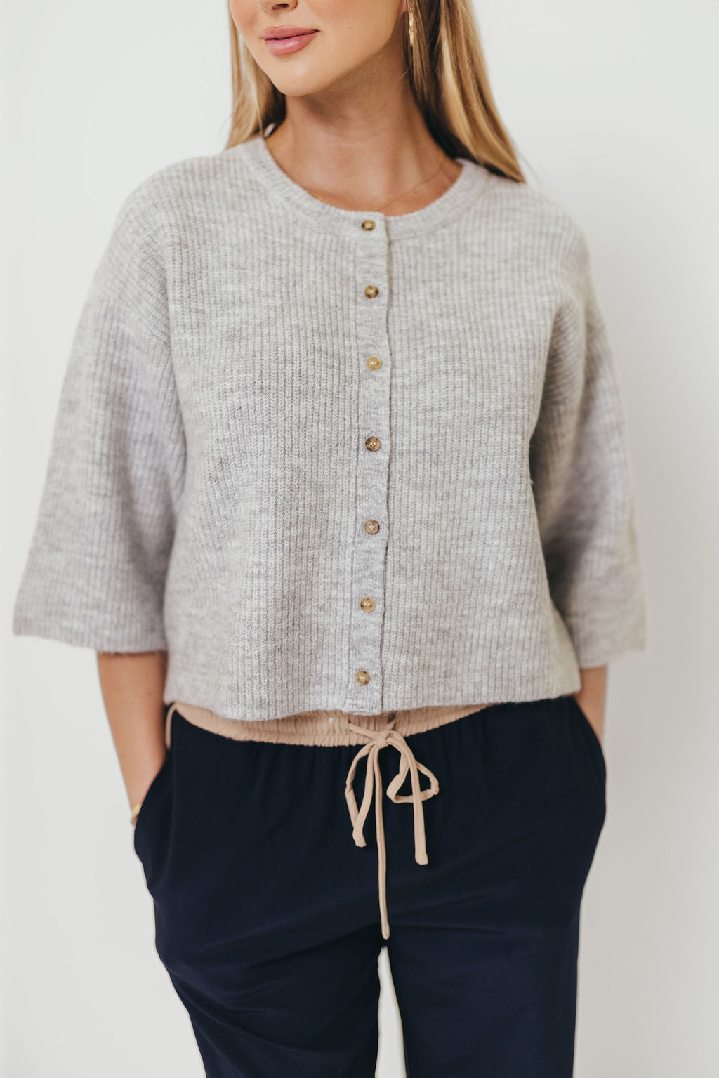 Caroline Button Down 3/4 Sleeve Sweater Cardigan in Heather Grey