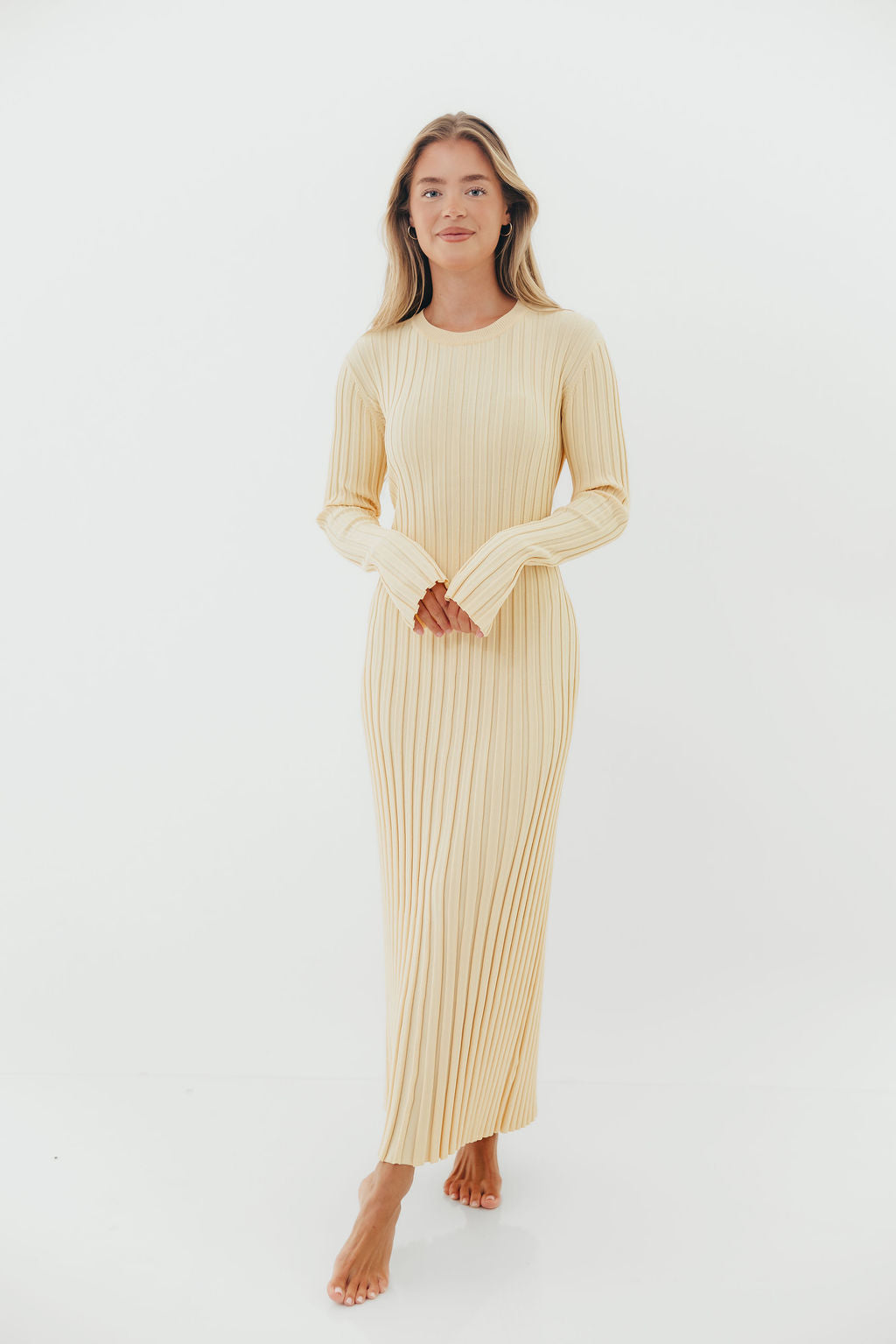 Colette Premium Long Sleeved Ribbed Knit Maxi Dress in Butter Yellow - Bump Friendly