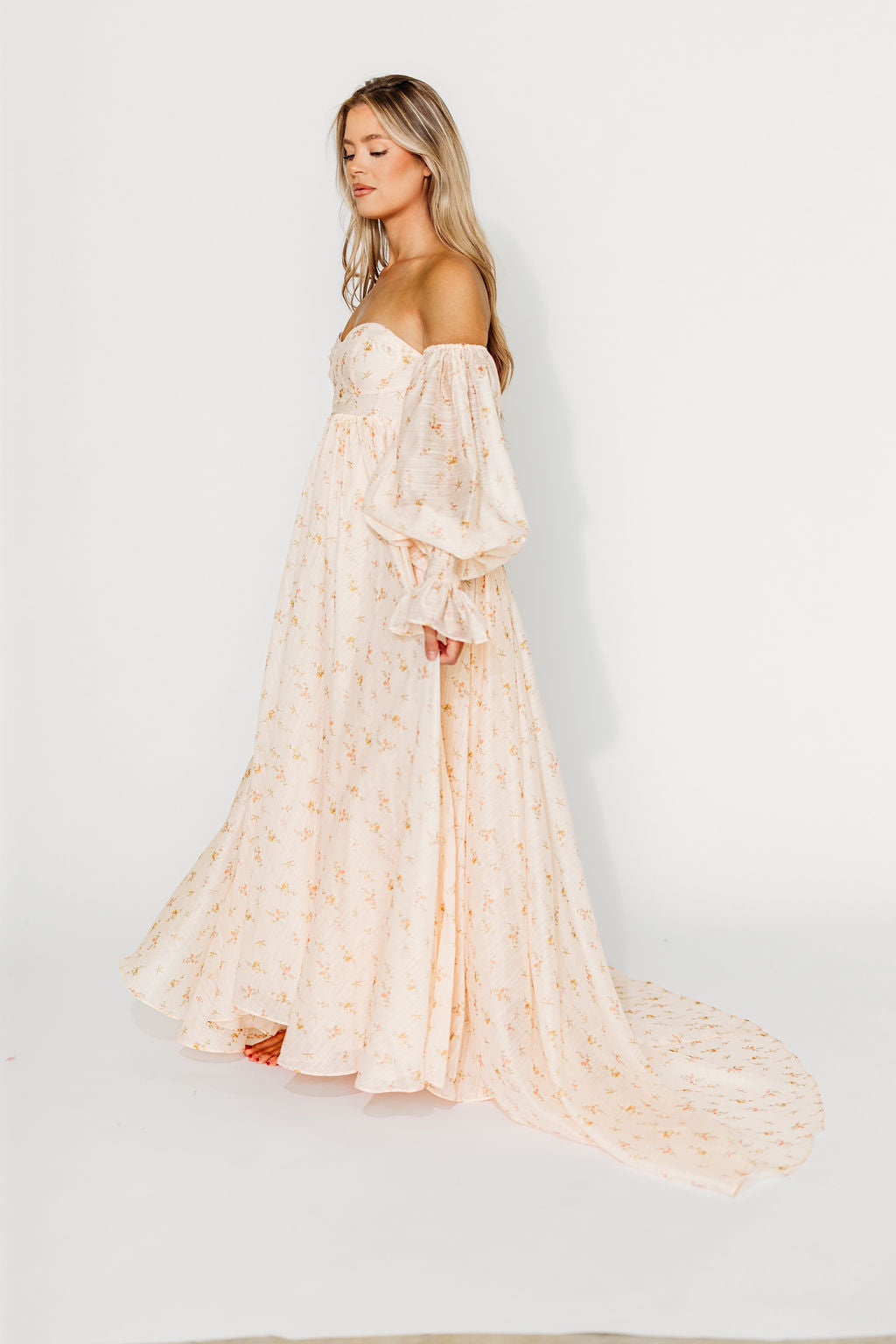 Delilah Maxi Dress with Train in Peach - Bump Friendly (XS-3XL)