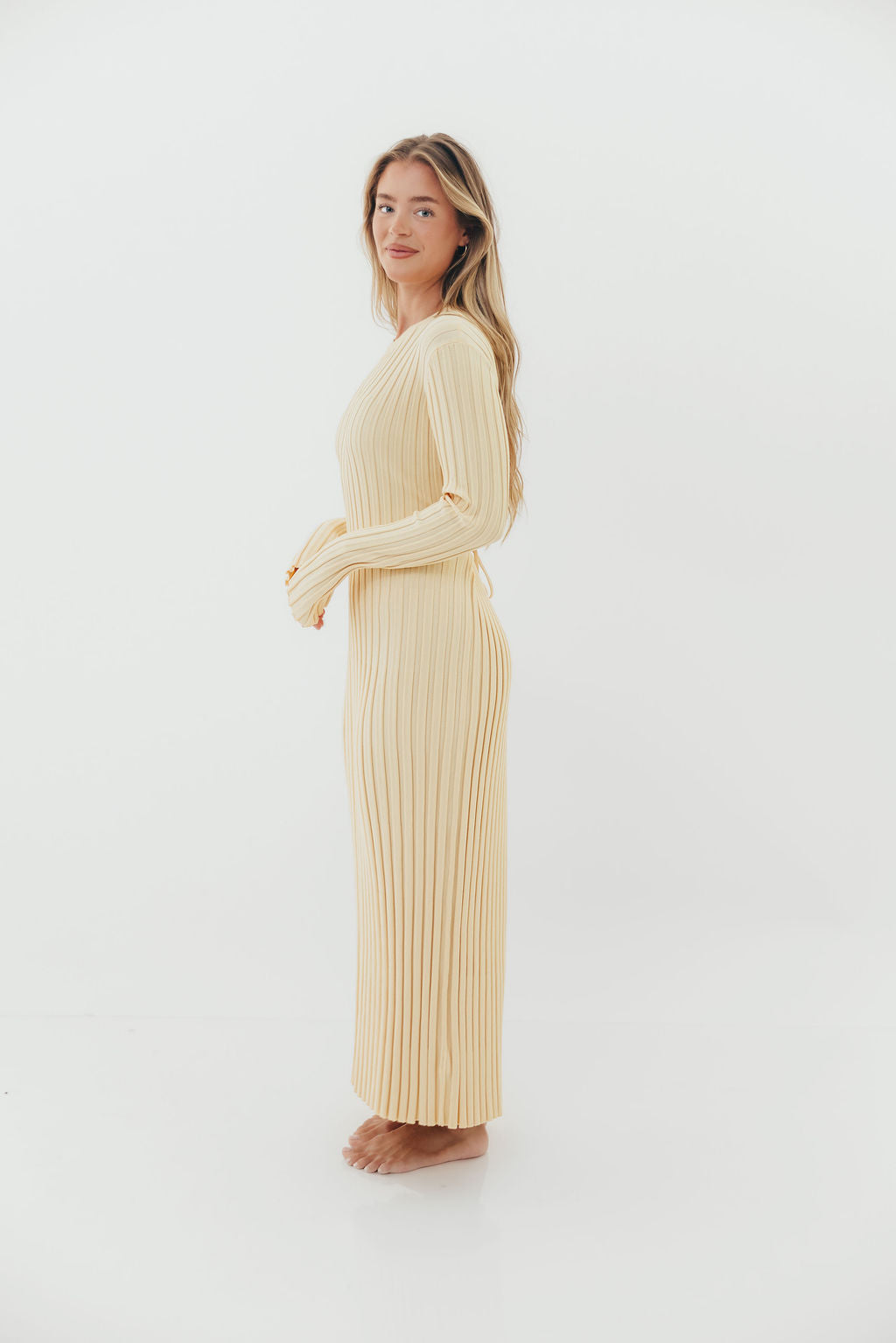 Colette Premium Long Sleeved Ribbed Knit Maxi Dress in Butter Yellow - Bump Friendly