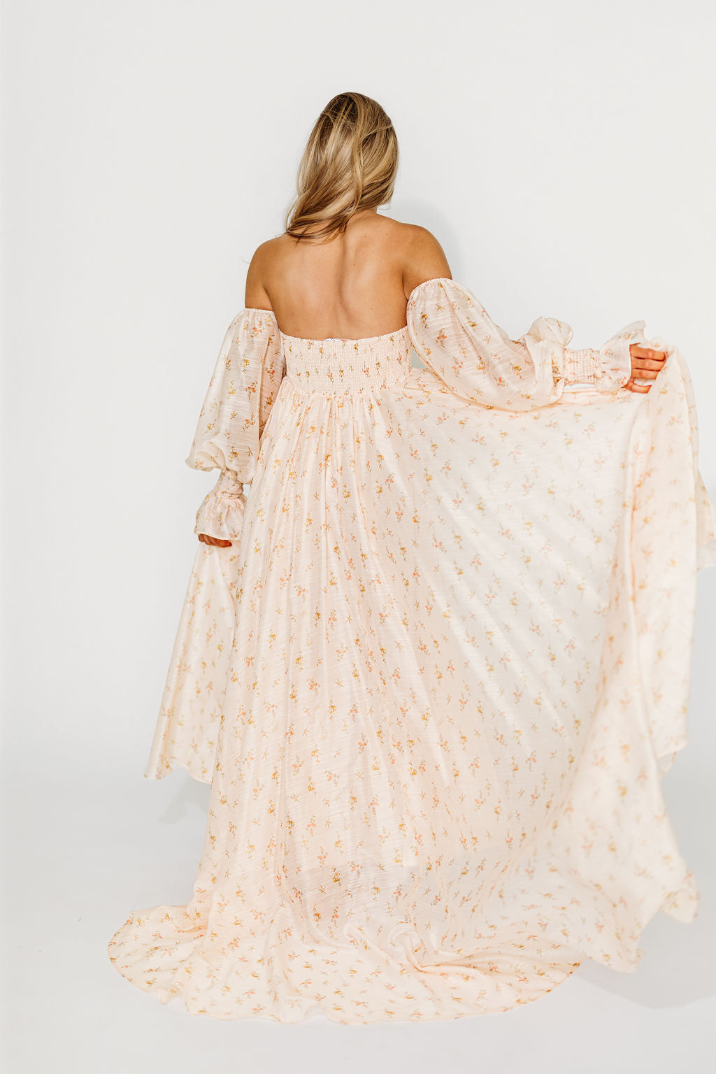 Delilah Maxi Dress with Train in Peach - Bump Friendly (XS-3XL)