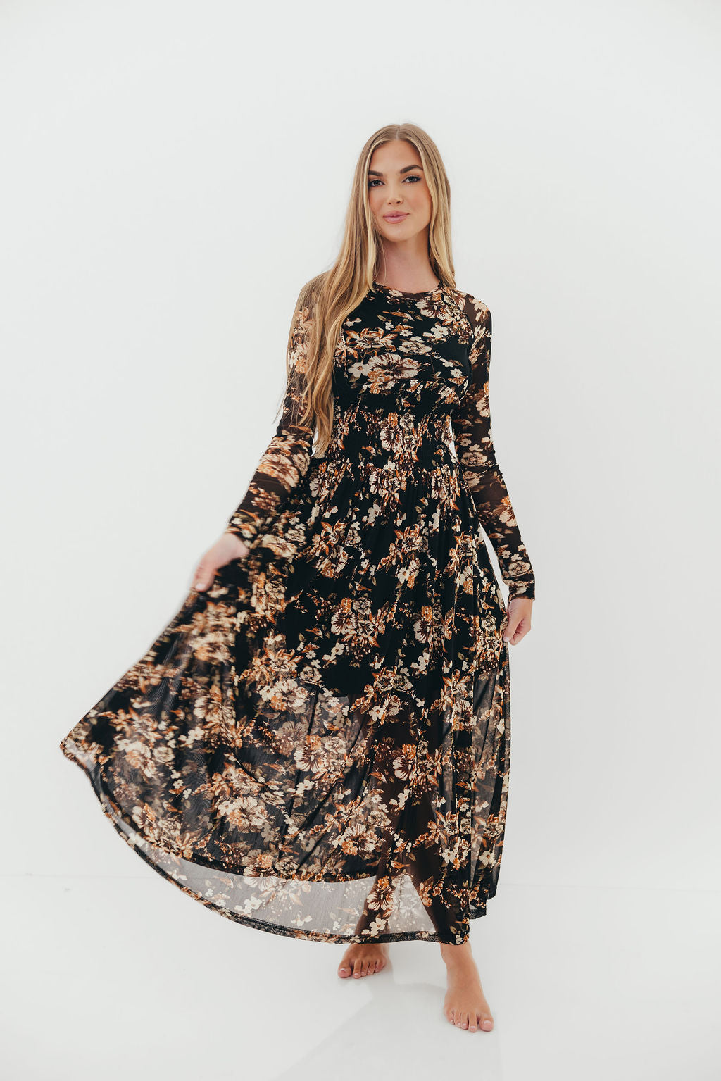 Tori Floral Mesh Long Sleeve Midi Dress in Black