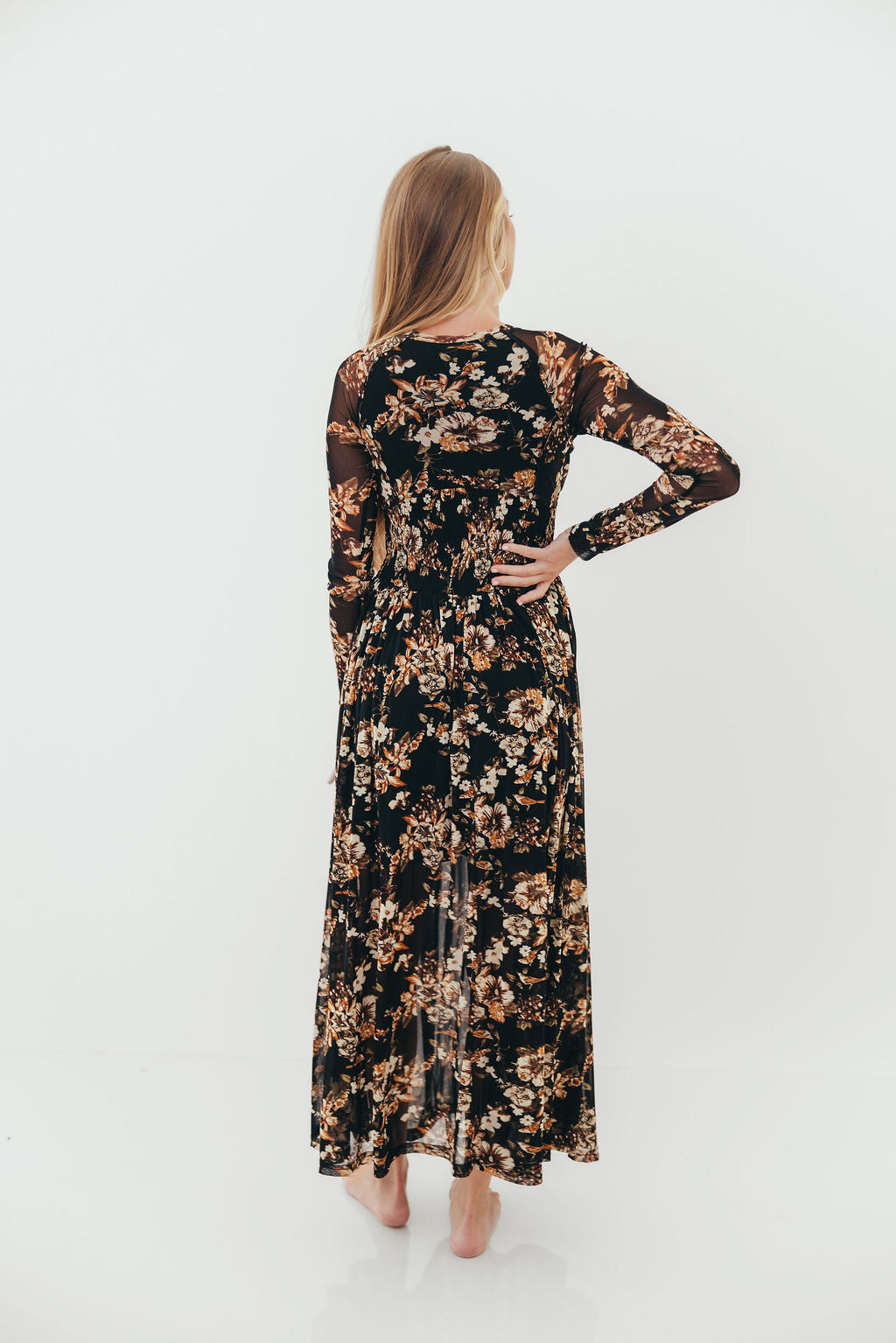 Tori Floral Mesh Long Sleeve Midi Dress in Black