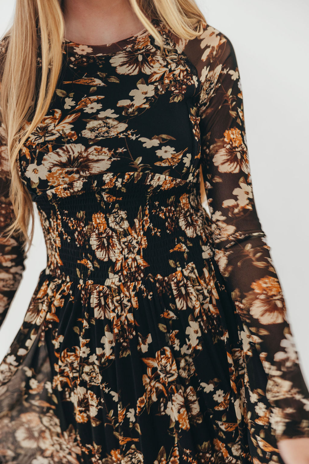 Tori Floral Mesh Long Sleeve Midi Dress in Black