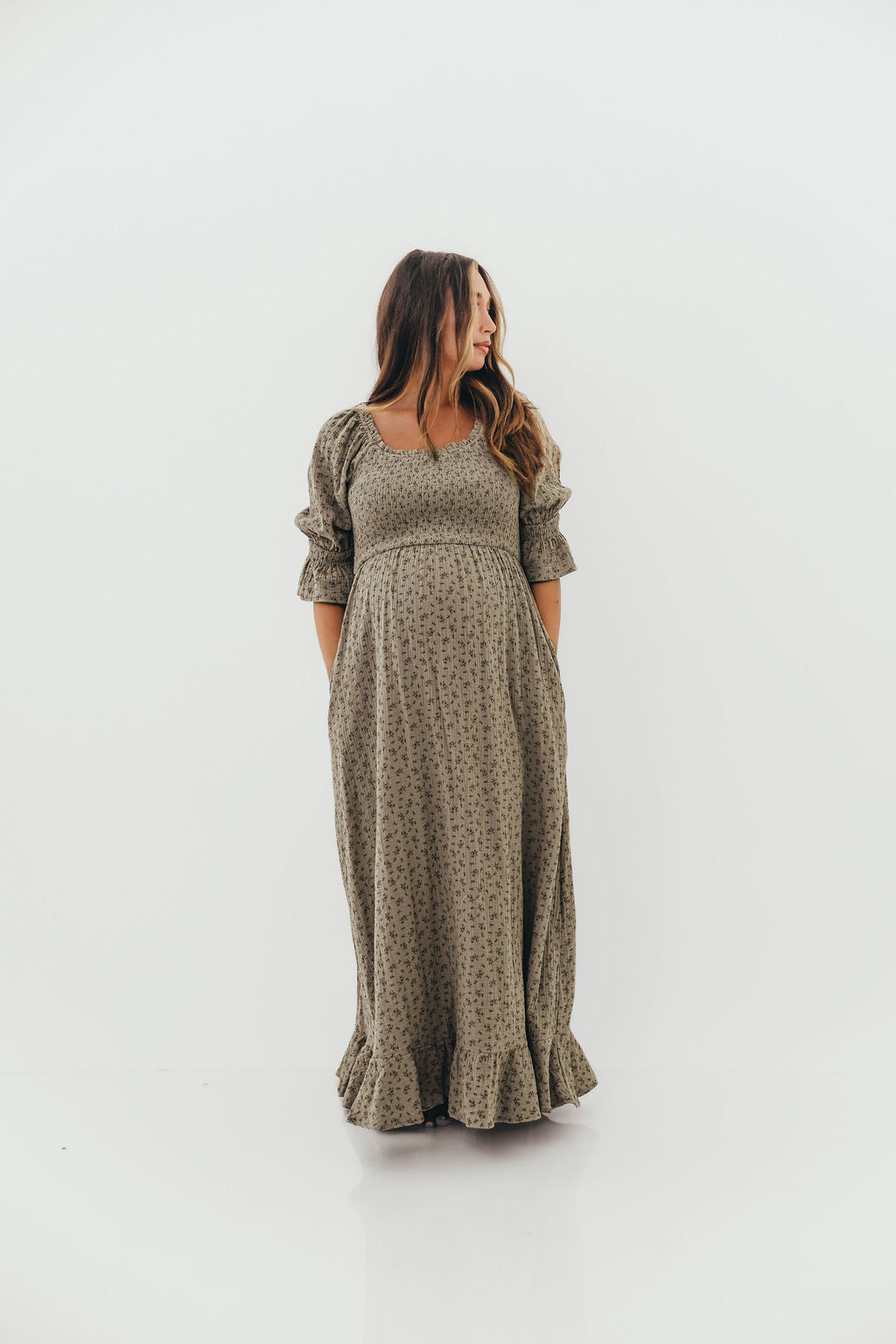 Sienna 100% Cotton Puff Sleeve Maxi Dress in Olive Foliage - Bump Friendly *9/26 PRE-ORDER*