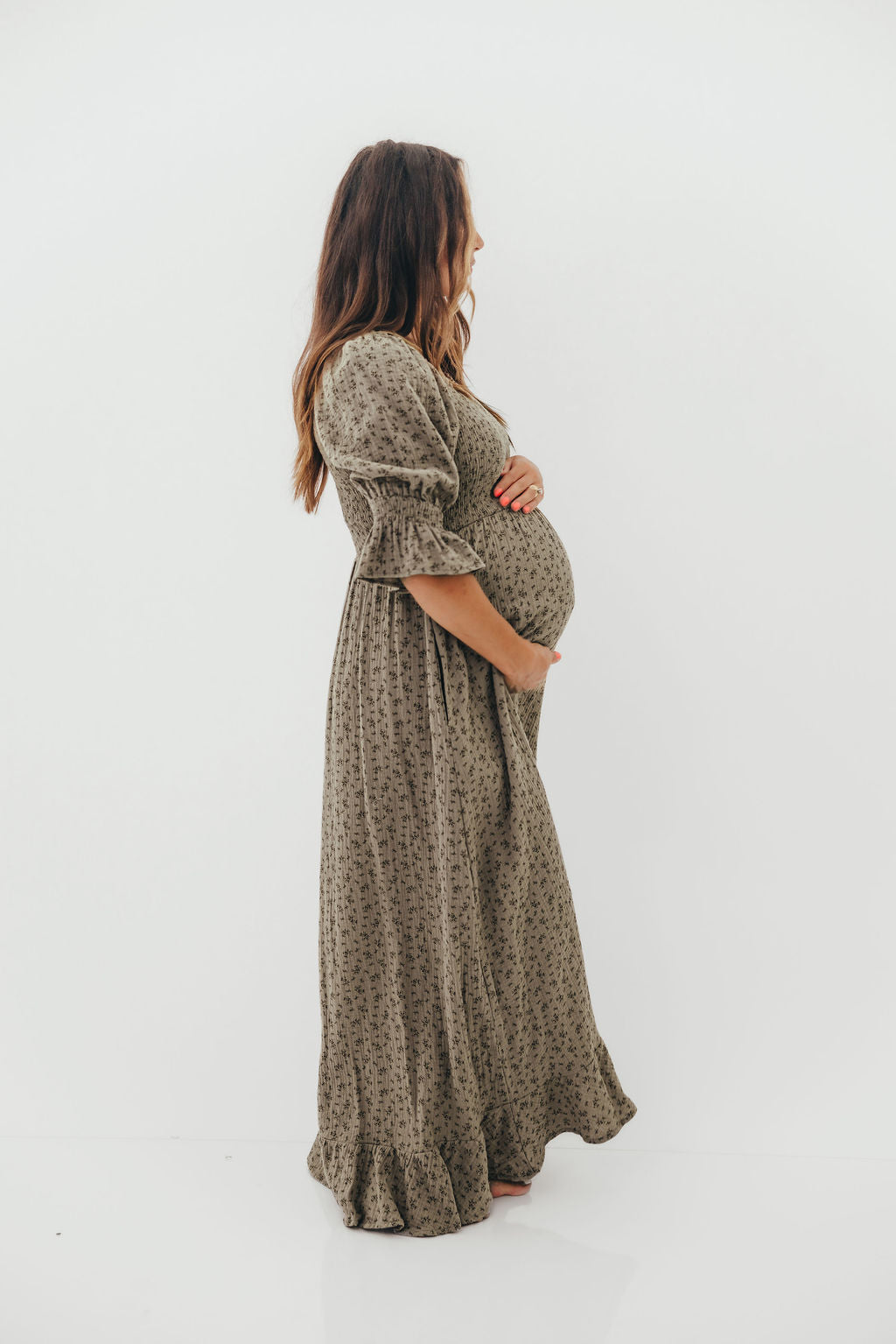 Sienna 100% Cotton Puff Sleeve Maxi Dress in Olive Foliage - Bump Friendly *9/26 PRE-ORDER*