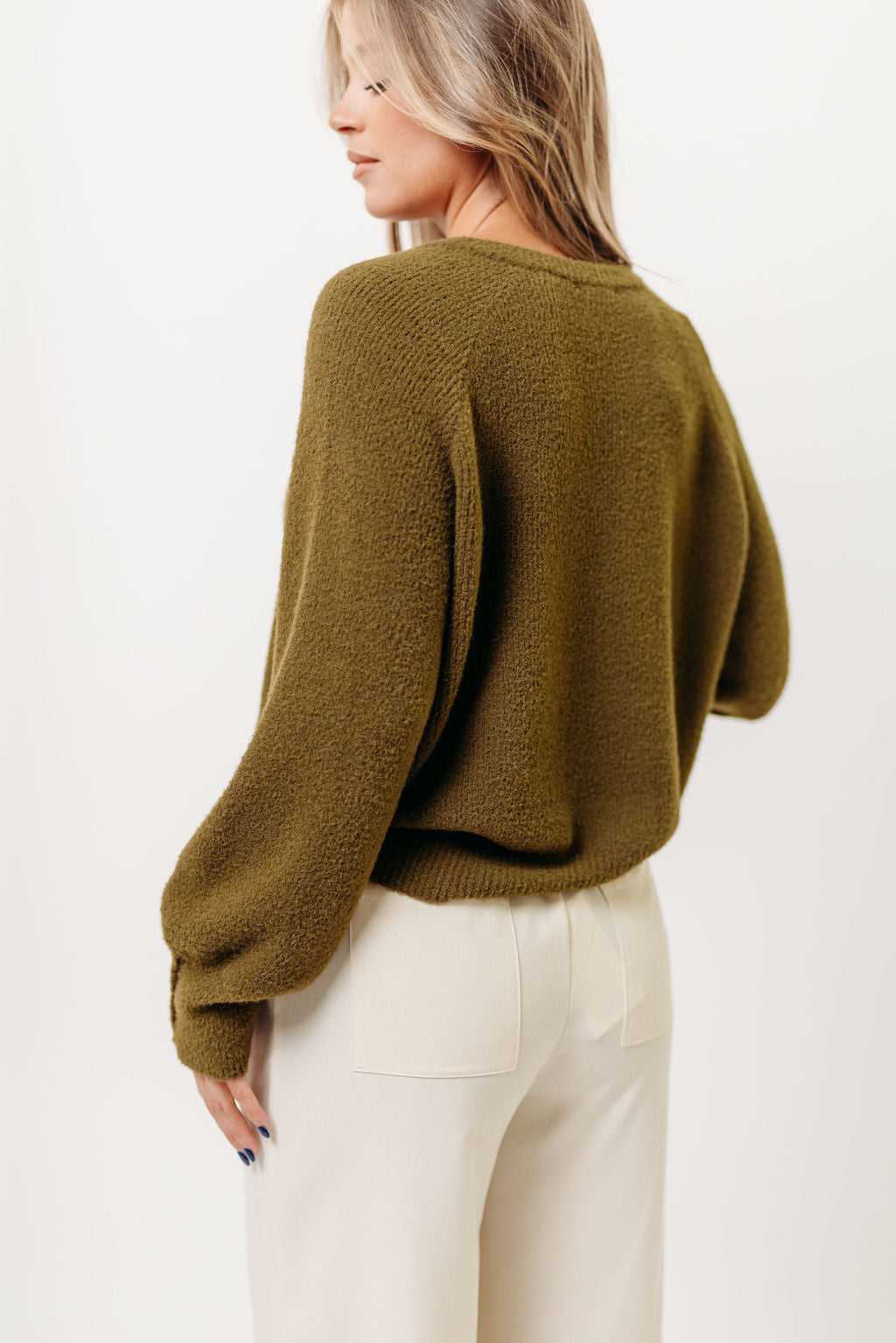 Andrea Fuzzy Ribbed Knit Cardigan Top in Olive