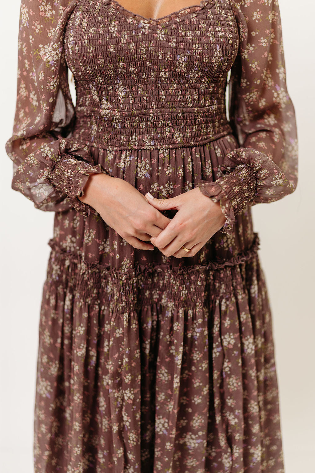 Luisa Smocked Floral Maxi Dress in Mocha Mousse