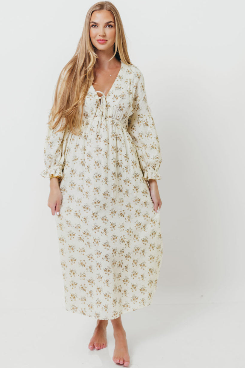 Hunter 100% Cotton Gauze Maxi Dress with Detail Trimming in Cream Taupe Floral - Bump Friendly and Inclusive Sizing