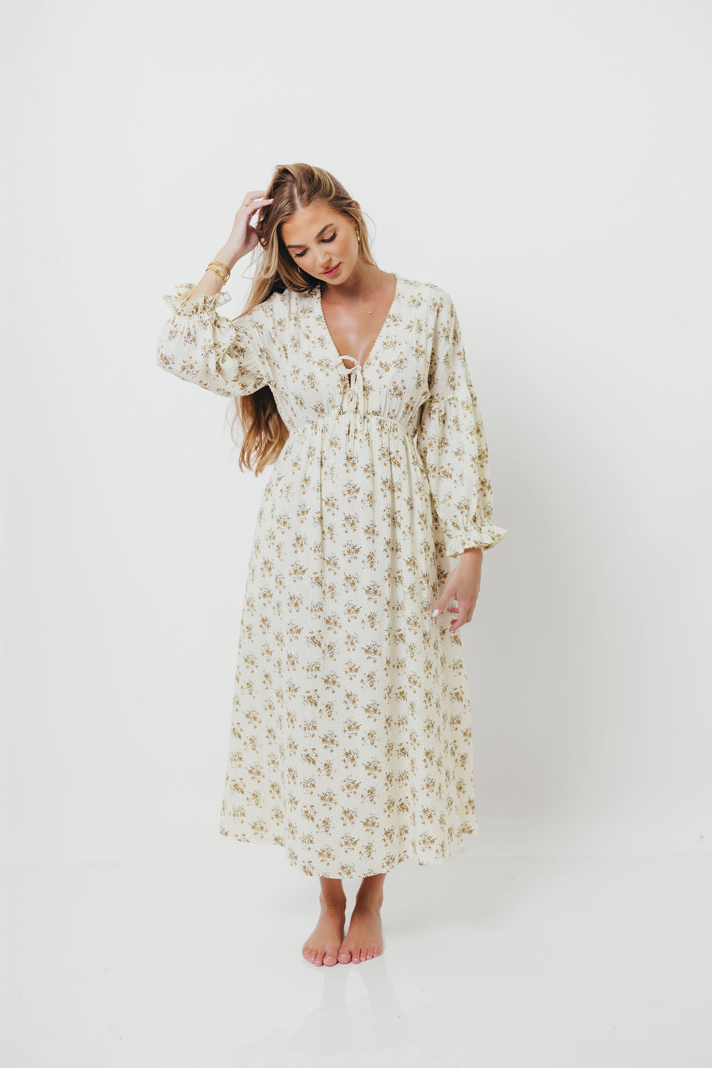 Hunter 100% Cotton Gauze Maxi Dress with Detail Trimming in Cream Taupe Floral - Bump Friendly and Inclusive Sizing