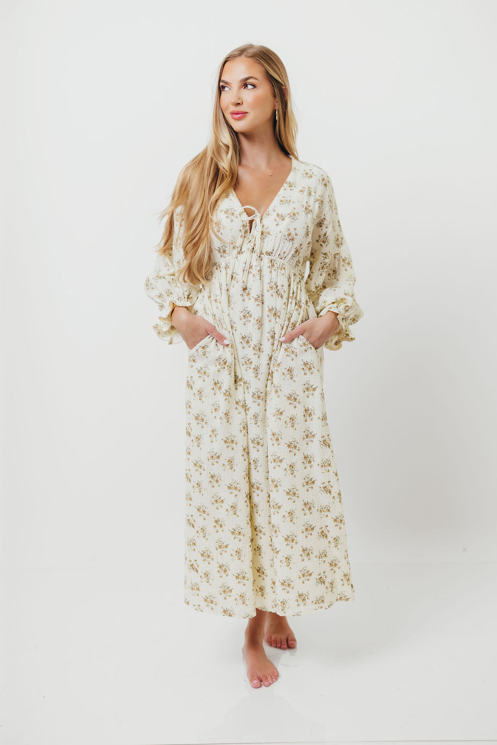 Hunter 100% Cotton Gauze Maxi Dress with Detail Trimming in Cream Taupe Floral - Bump Friendly and Inclusive Sizing